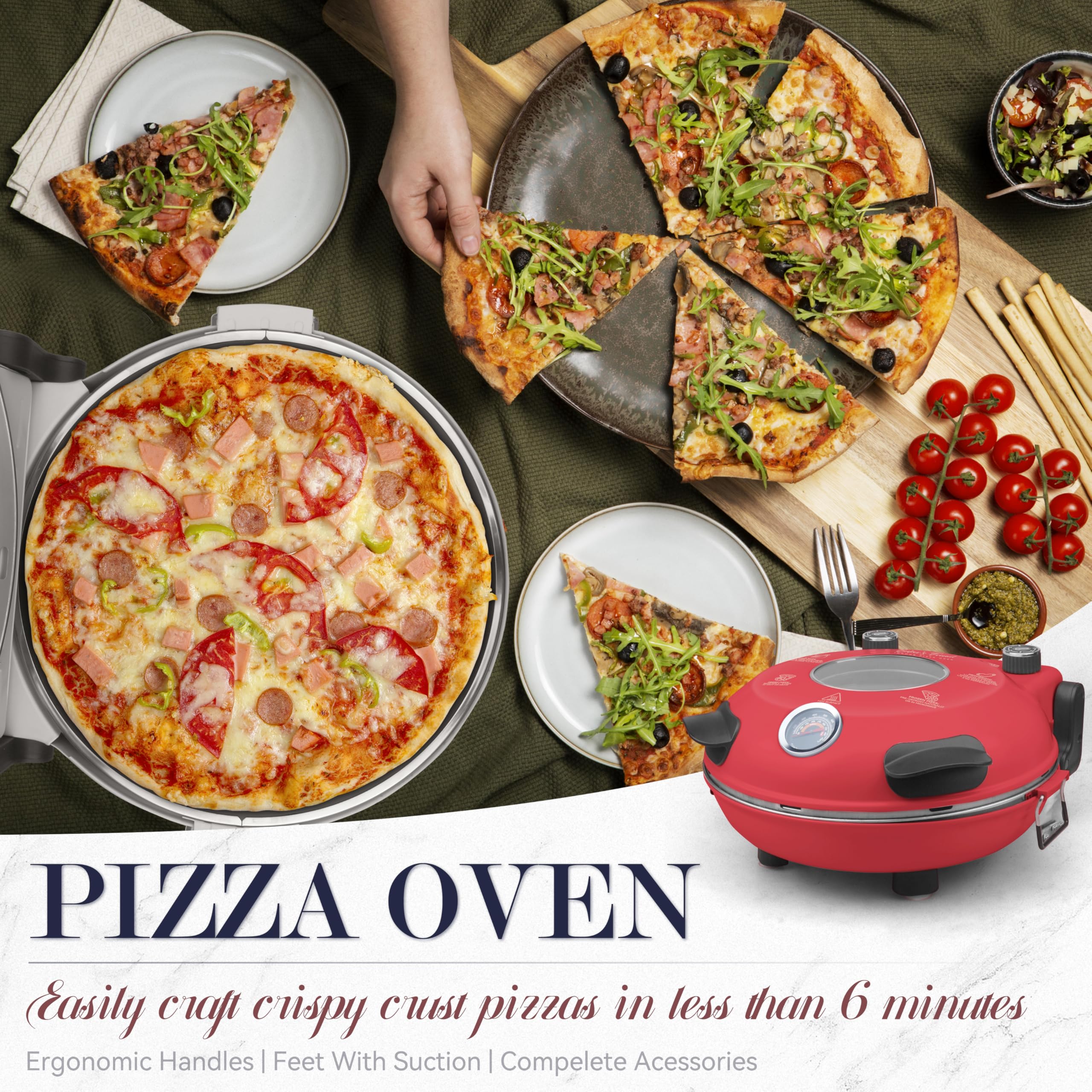 Baker's Friend electric pizza oven top-view highlights clear viewing window
