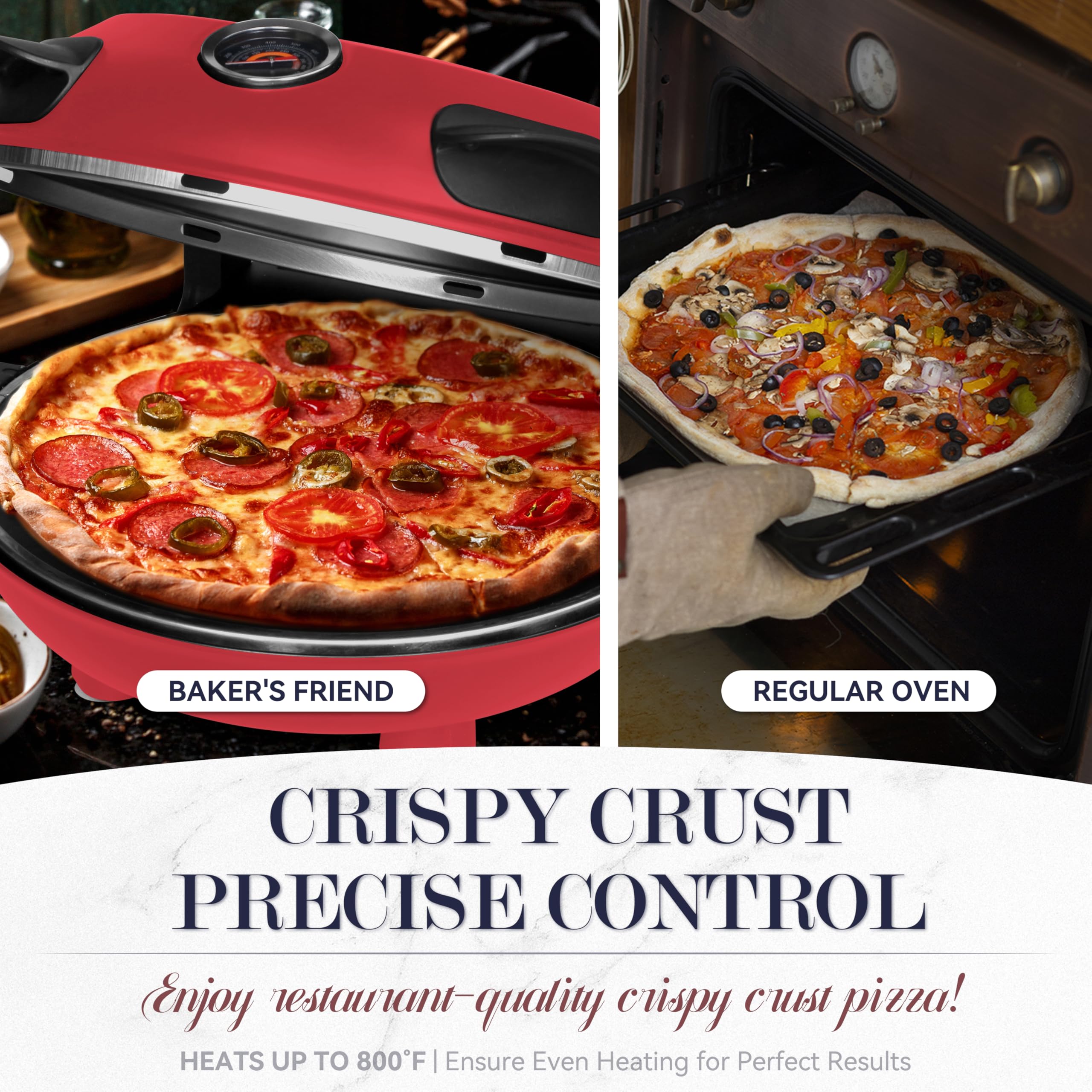 Baker's Friend electric pizza oven viewing window enables easy crust monitoring