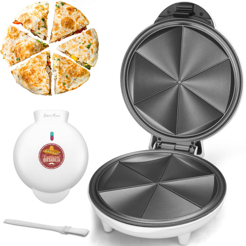 Baker's Friend electric quesadilla maker showing the 9.5-inch surface for quick, even toasting.