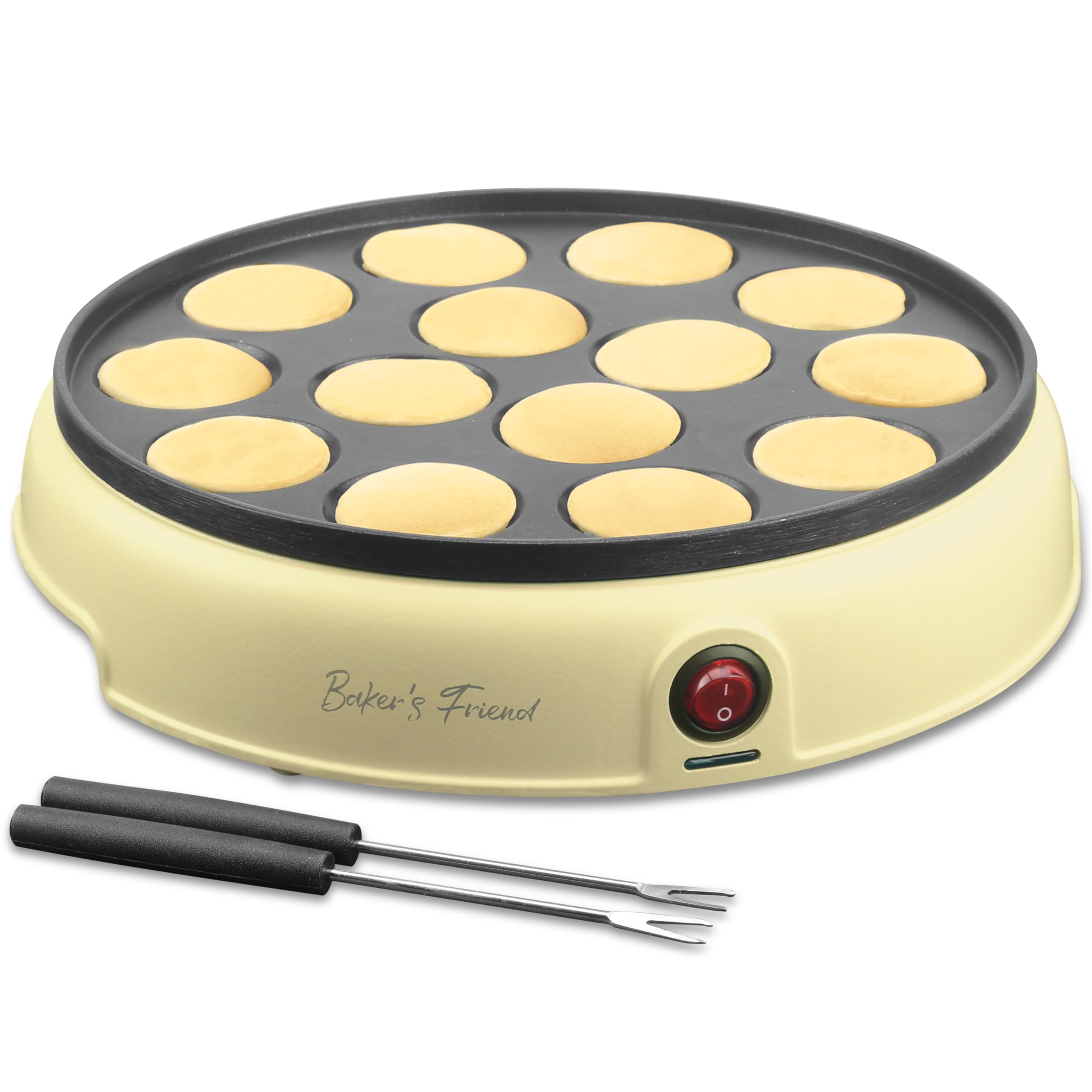Baker's Friend mini pancake pan top view with 14 holes for quick breakfasts