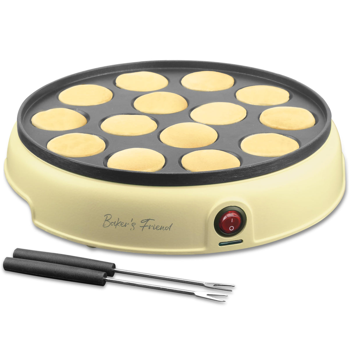 Baker's Friend mini pancake pan top view with 14 holes for quick breakfasts