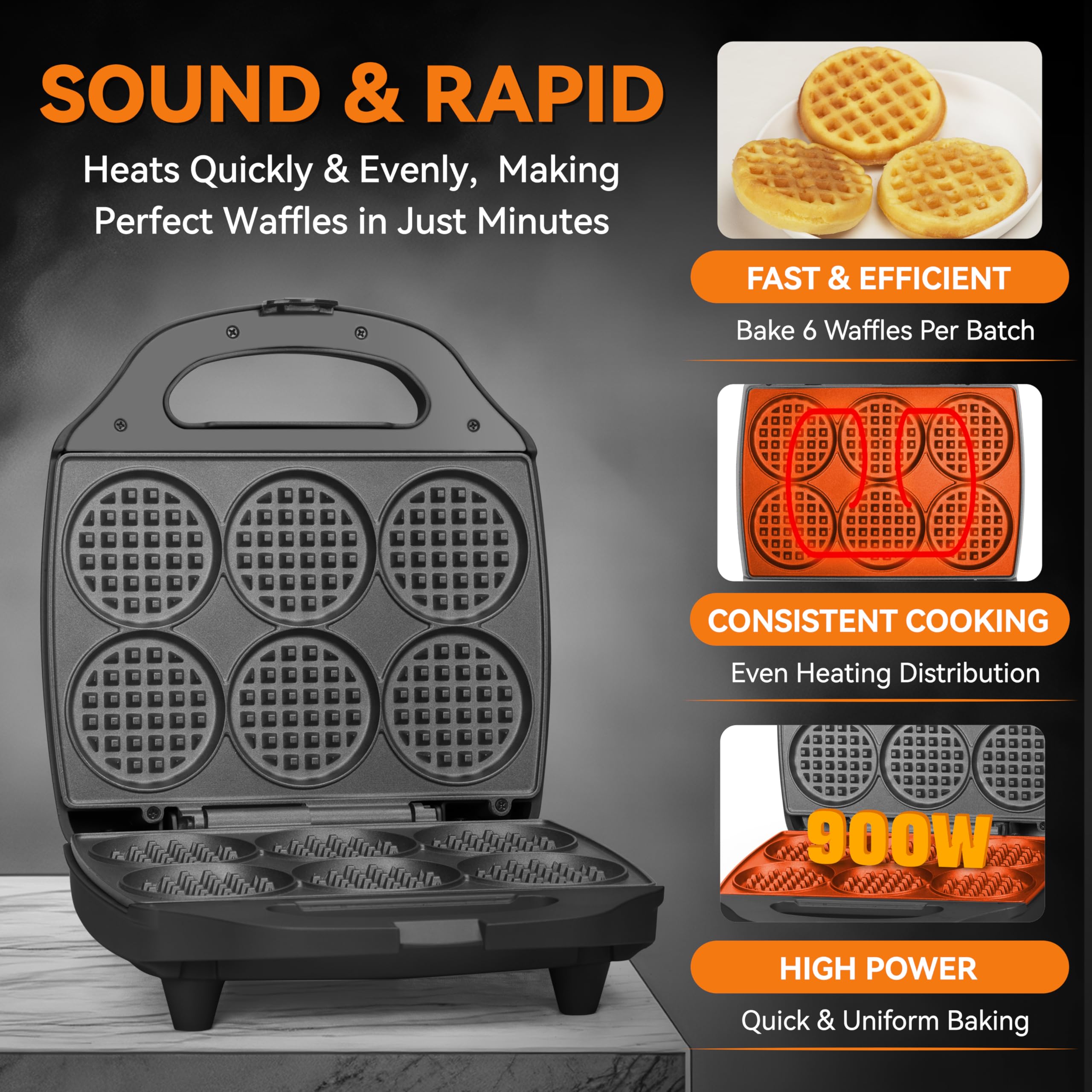 Baker's Friend Multi Mini Waffle Iron front angle highlights quick breakfast use.