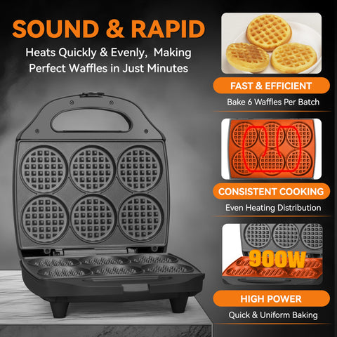 Baker's Friend Multi Mini Waffle Iron front angle highlights quick breakfast use.