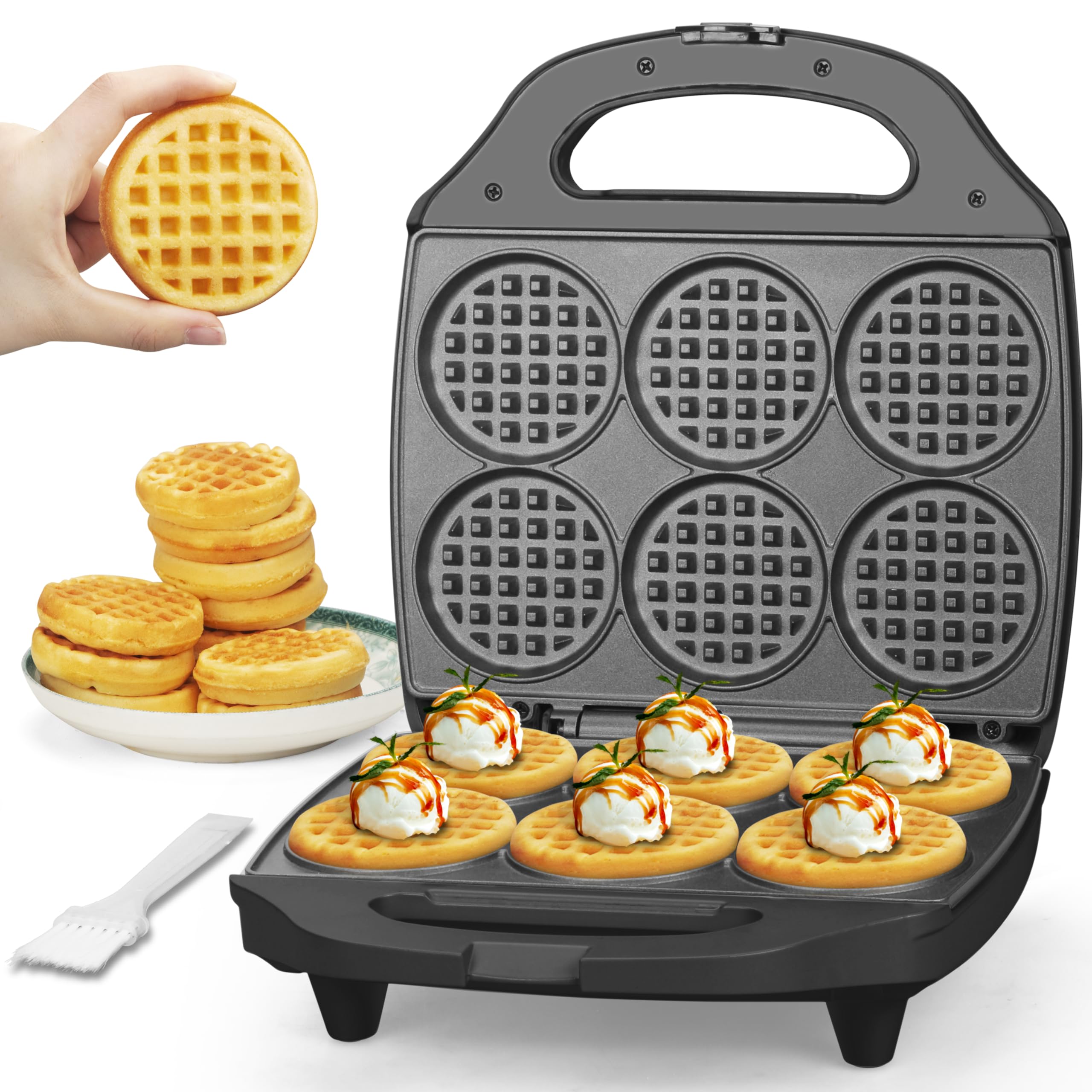 Baker's Friend Multi Mini Waffle Iron top view shows compact six-waffle capacity.