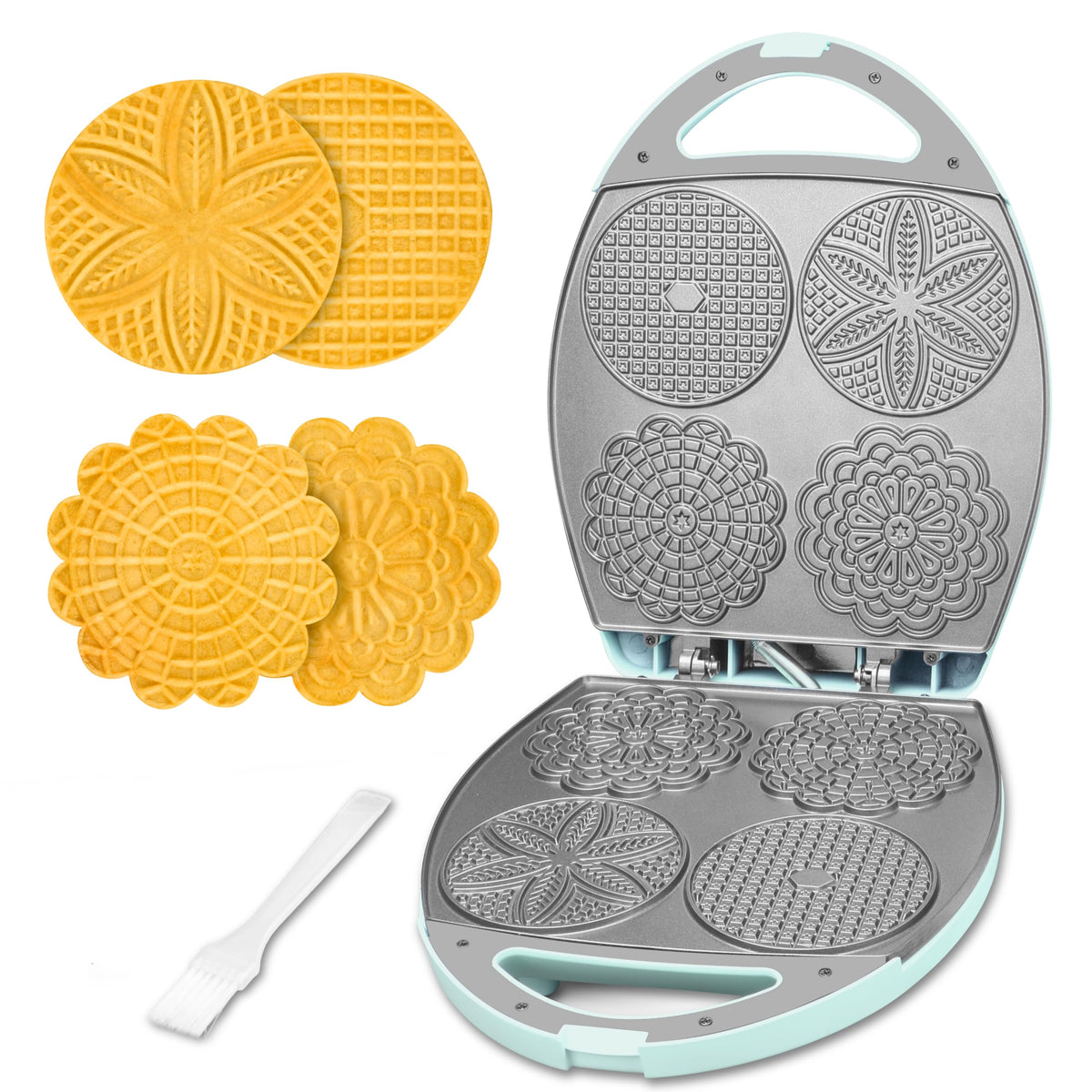 Baker's Friend multi pizzelle maker front view showing four nonstick plates for quick batches.