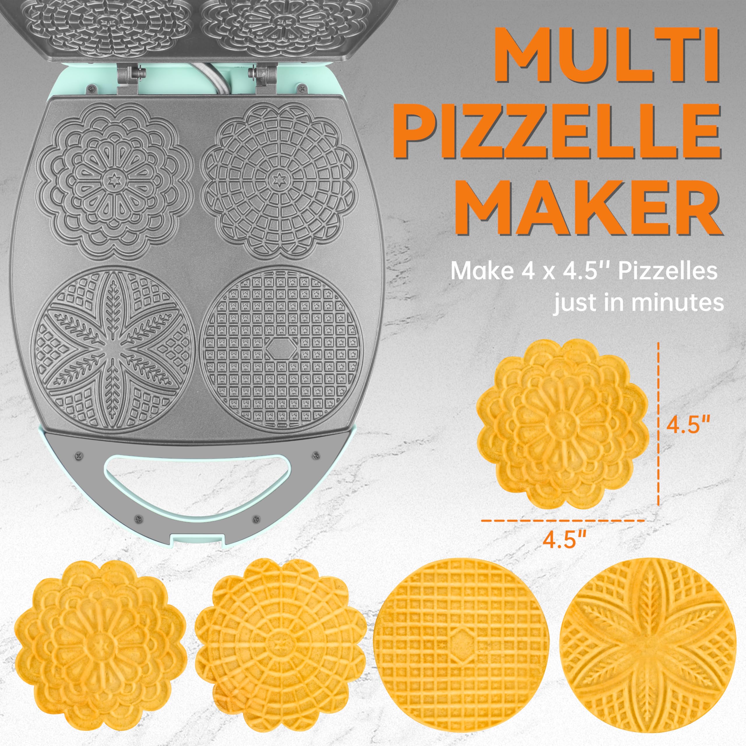 Baker's Friend multi pizzelle maker nonstick plates close-up for easy release and cleanup.