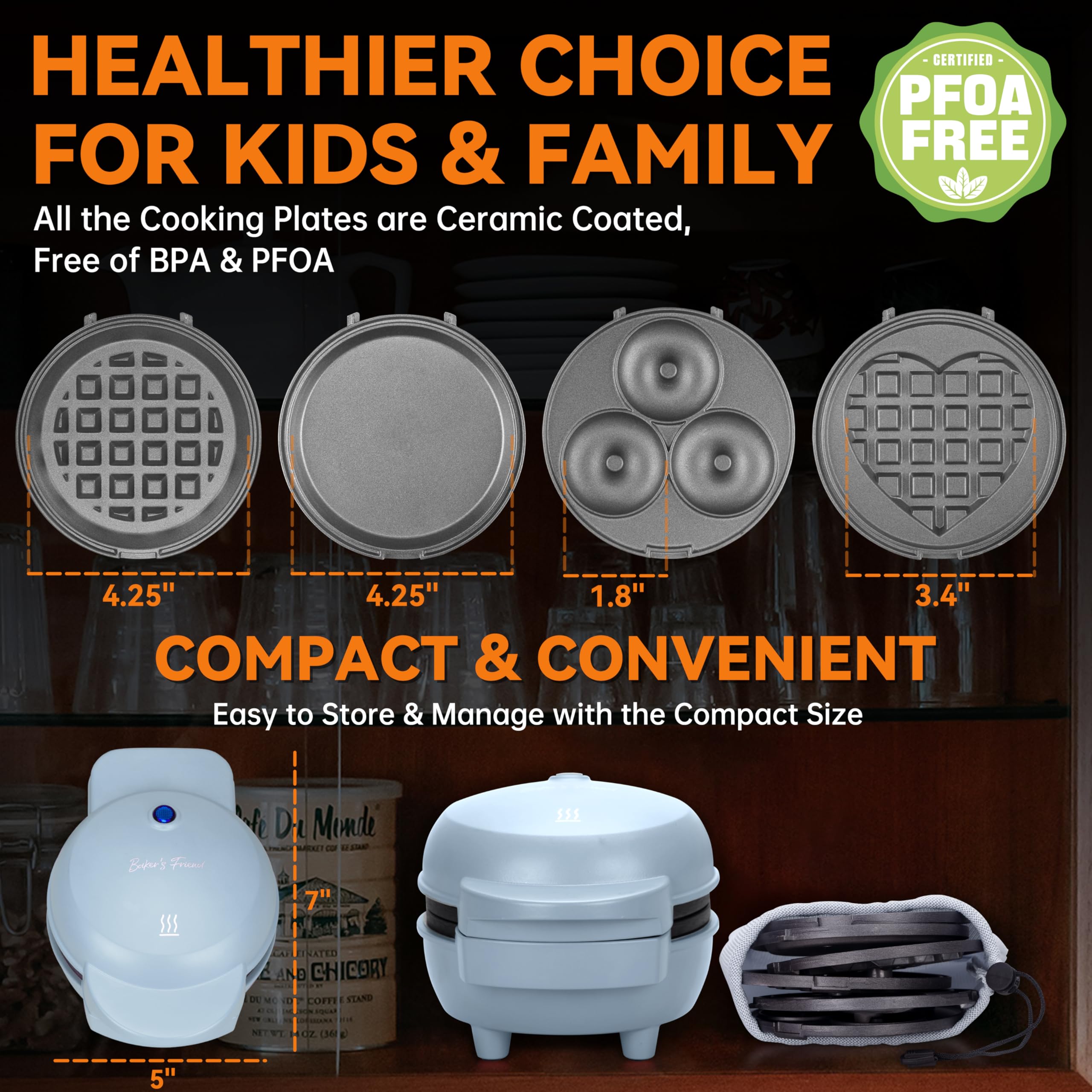 Baker's Friend mini waffle maker supports panini, hash browns, and mini donuts.