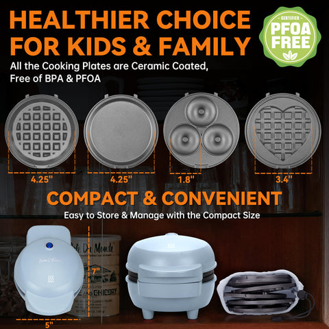 Baker's Friend mini waffle maker supports panini, hash browns, and mini donuts.