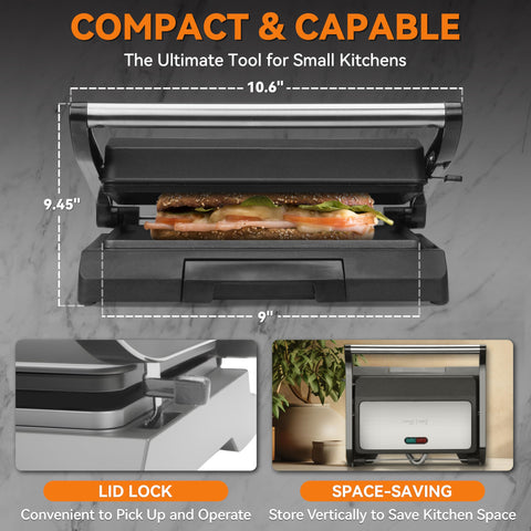 Baker's Friend Panini Press compact design, ideal for dorms and small apartments.