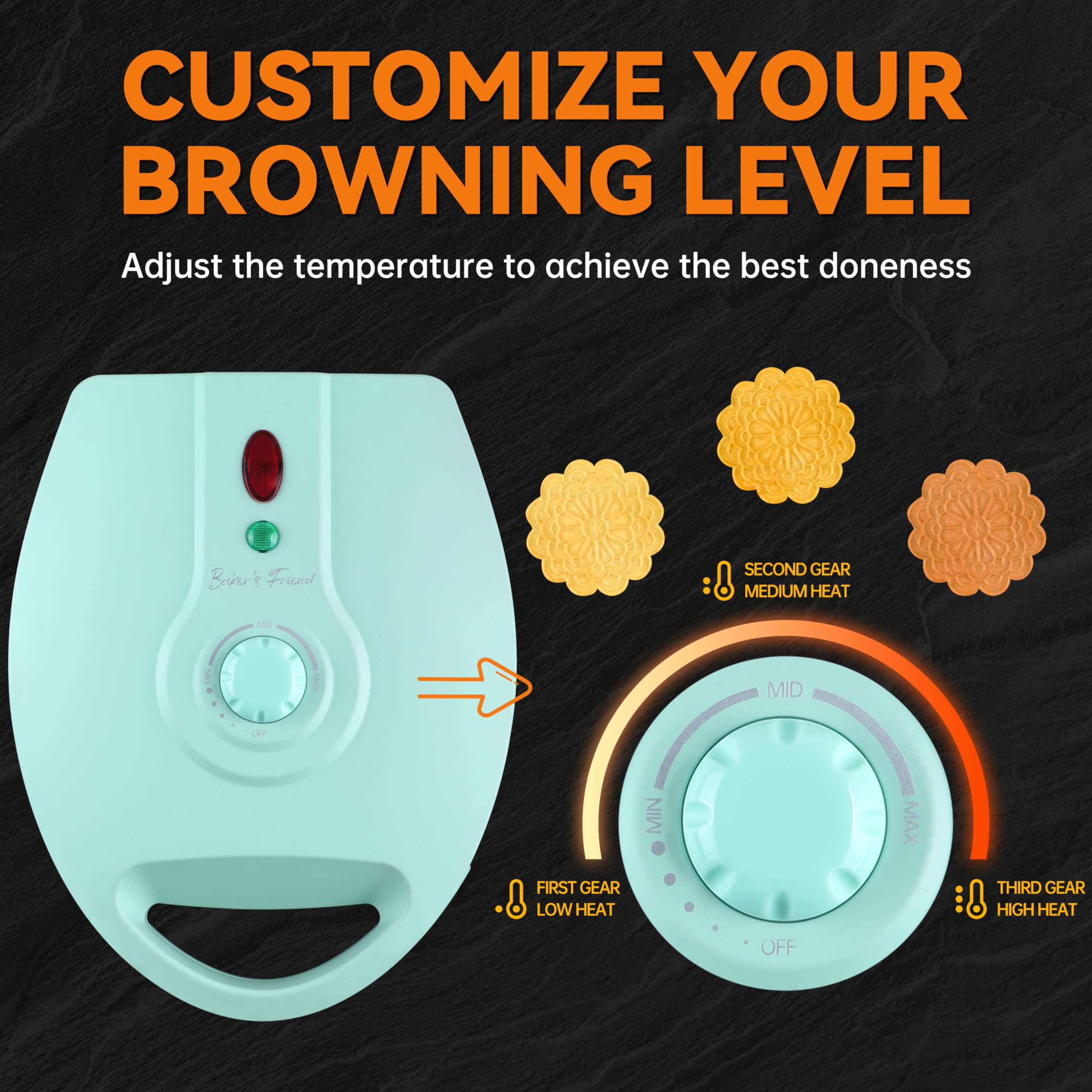 Baker's Friend pizzelle maker signal light indicates readiness during cooking.