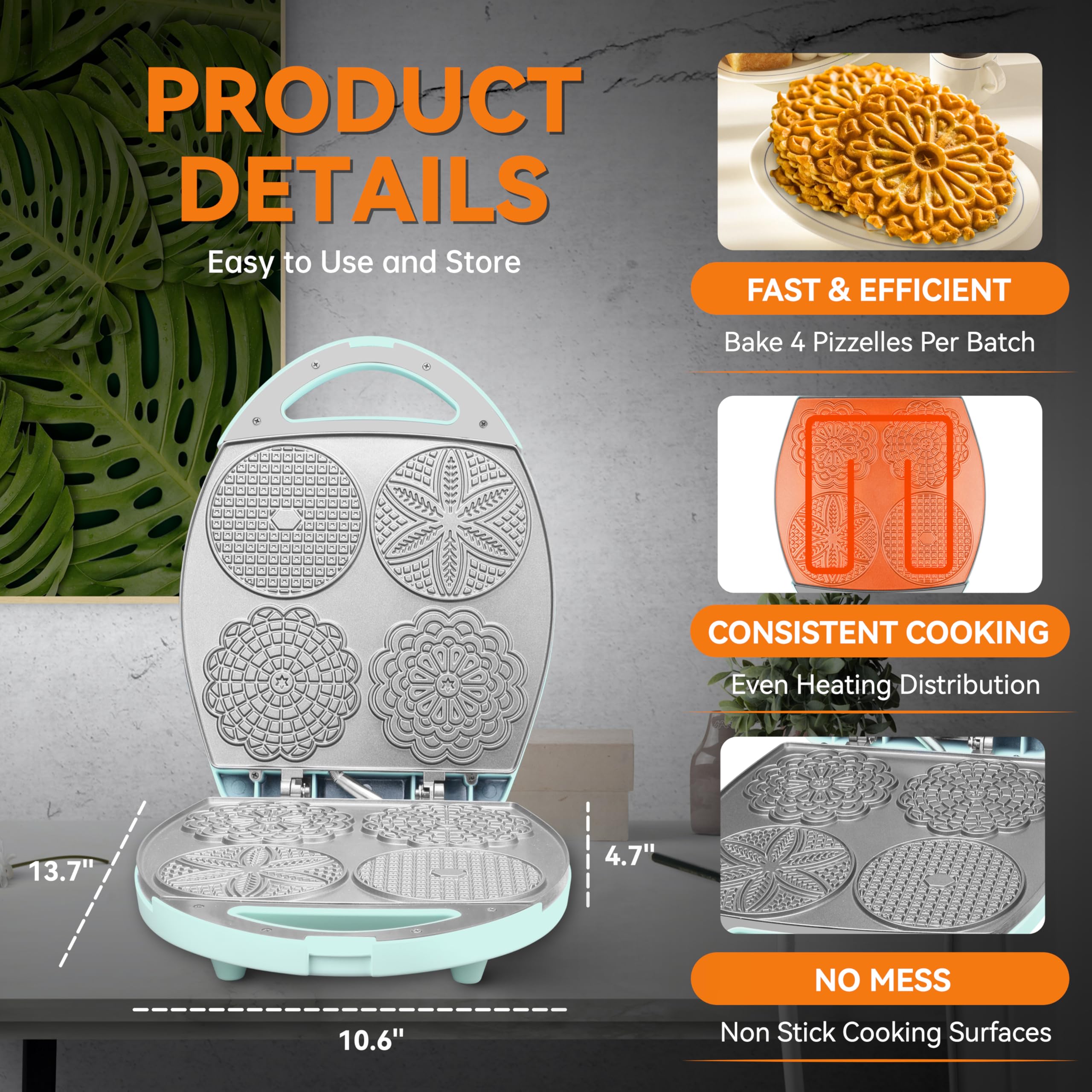 Baker's Friend pizzelle maker temperature control dial enables customizable doneness.