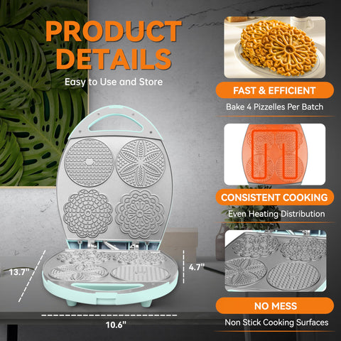 Baker's Friend pizzelle maker temperature control dial enables customizable doneness.