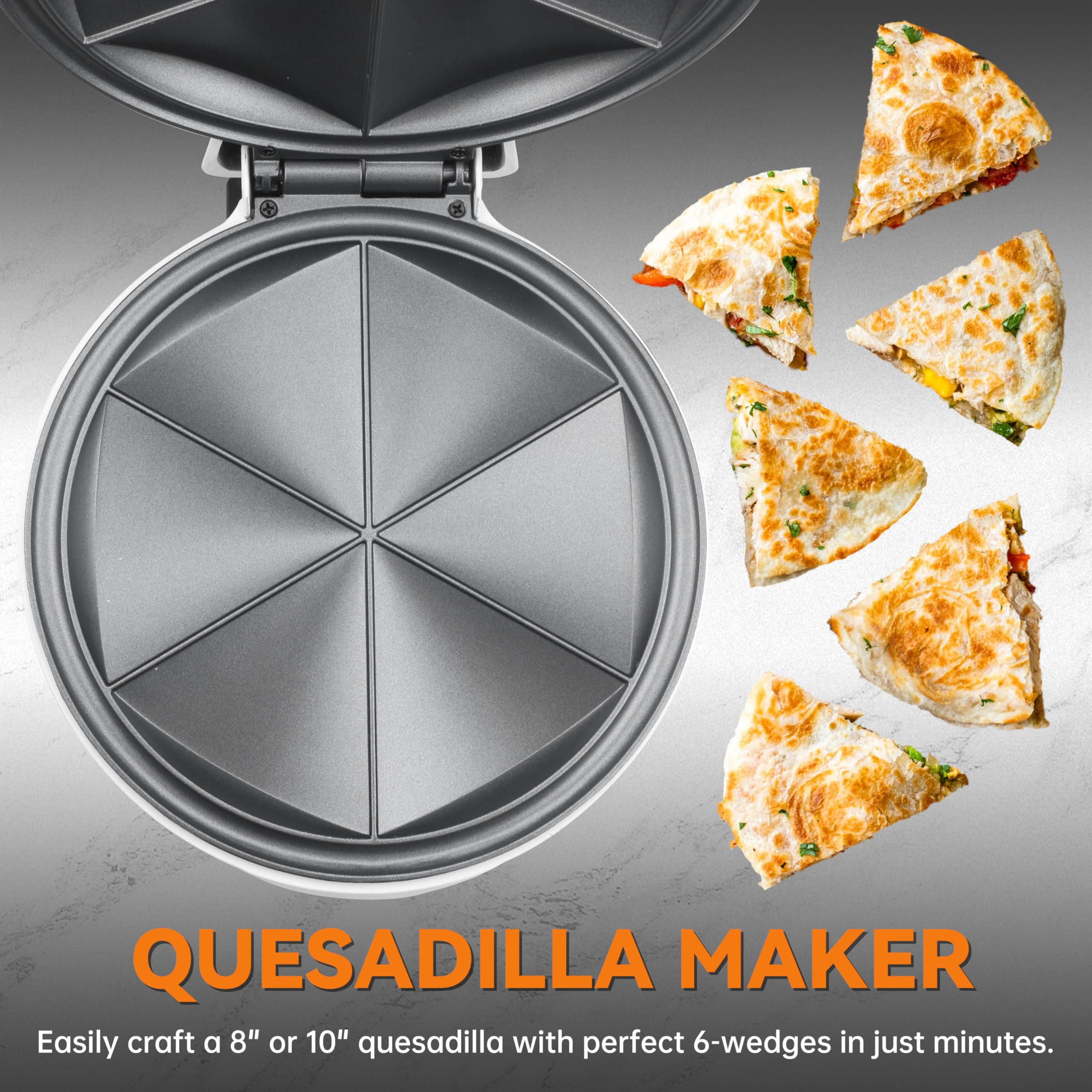 Baker's Friend quesadilla maker displaying six-wedge layout for easy serving.