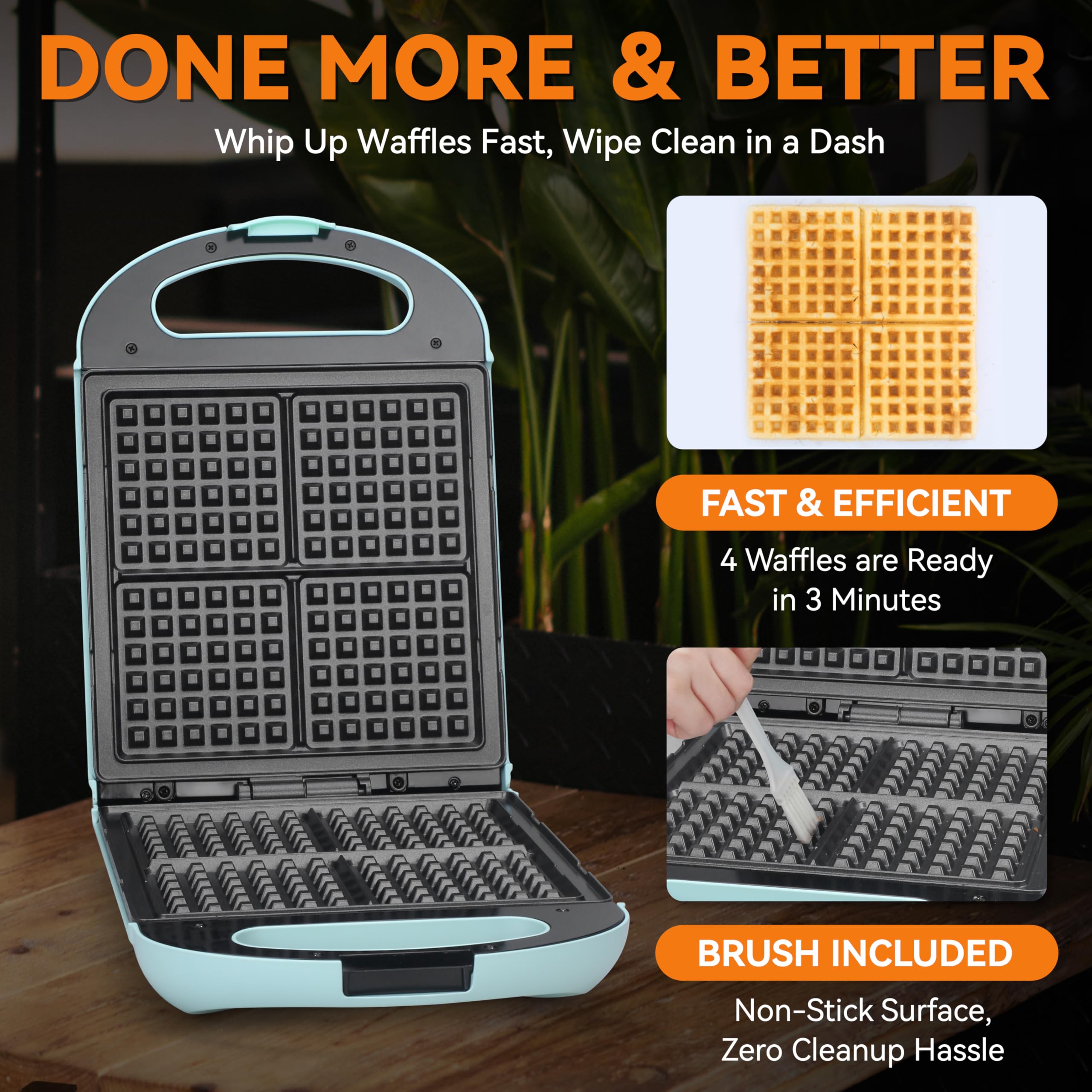 Baker's Friend square 4-slice waffle iron in aqua emphasizes generous breakfast capacity.