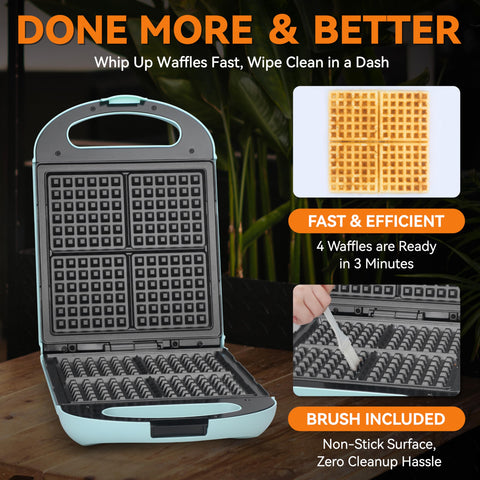 Baker's Friend square 4-slice waffle iron in aqua emphasizes generous breakfast capacity.