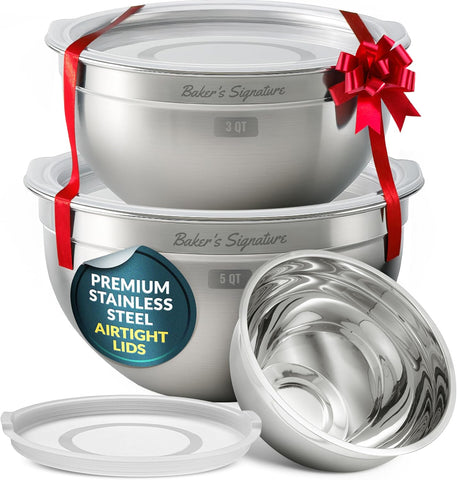 Baker's Signature 1.5 Qt mixing bowl with lid, ideal for quick prep and storage.