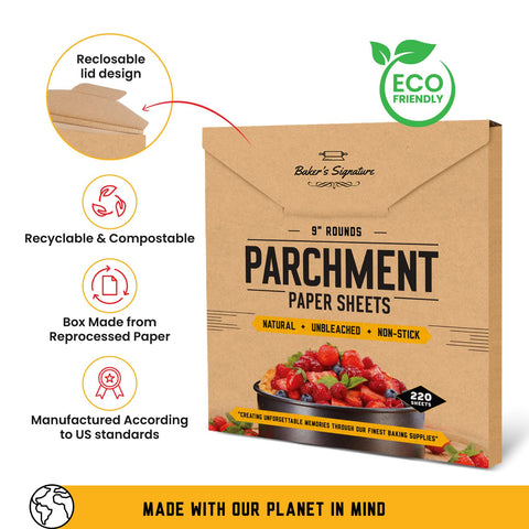 Baker's Signature parchment rounds withstand temperatures up to 450°F for versatile recipes.