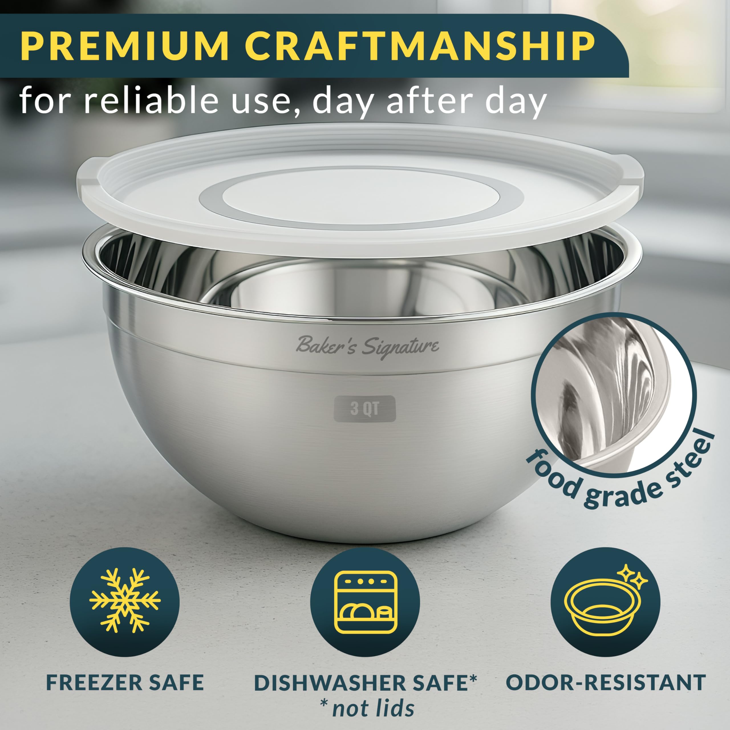 Baker's Signature 5 Qt mixing bowl with lid, great for large batches.