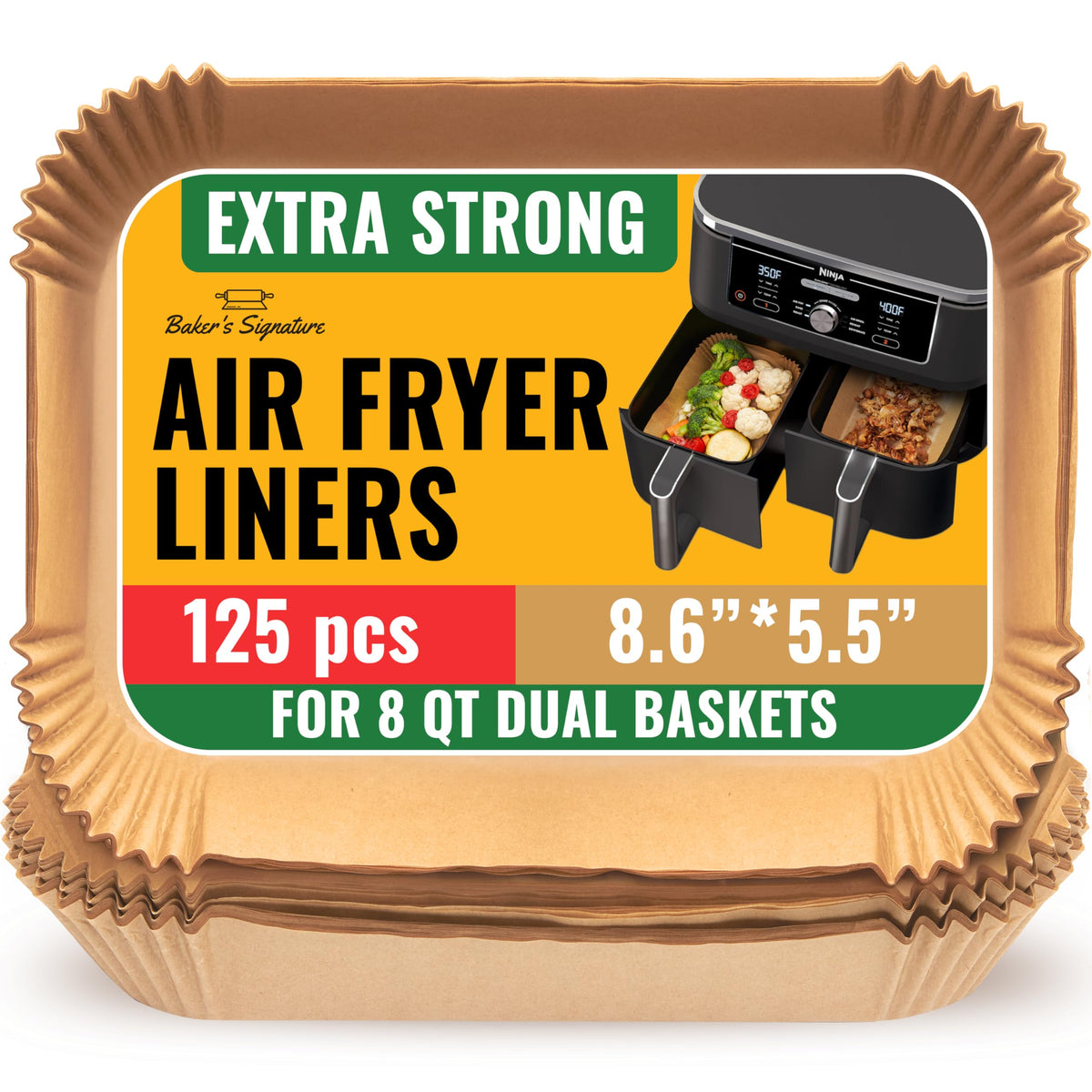 Baker's Signature air fryer liner pack for Ninja DZ201/DZ401 in use, non-stick and easy cleanup