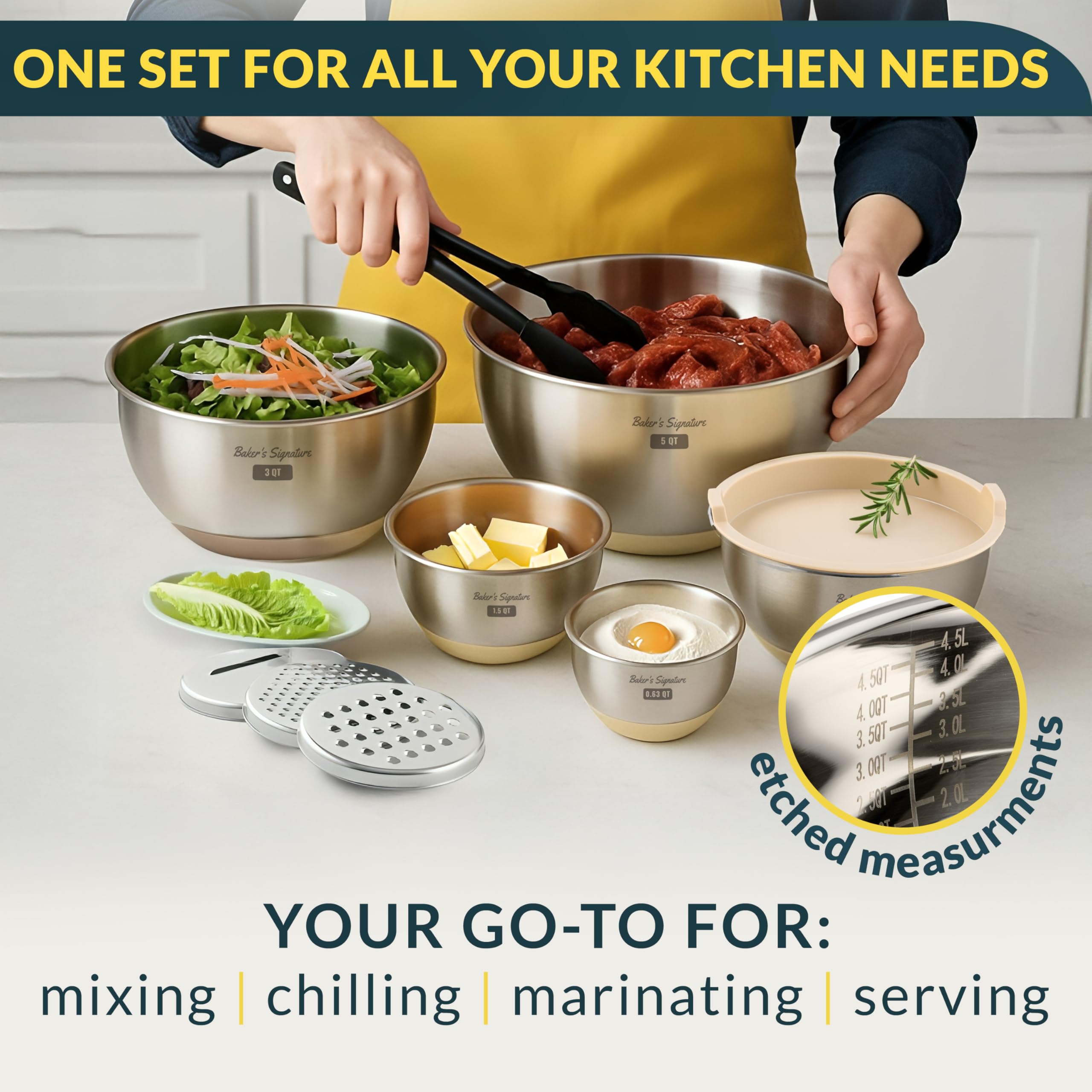 Baker's Signature nesting design bowls for space-saving storage and organization.