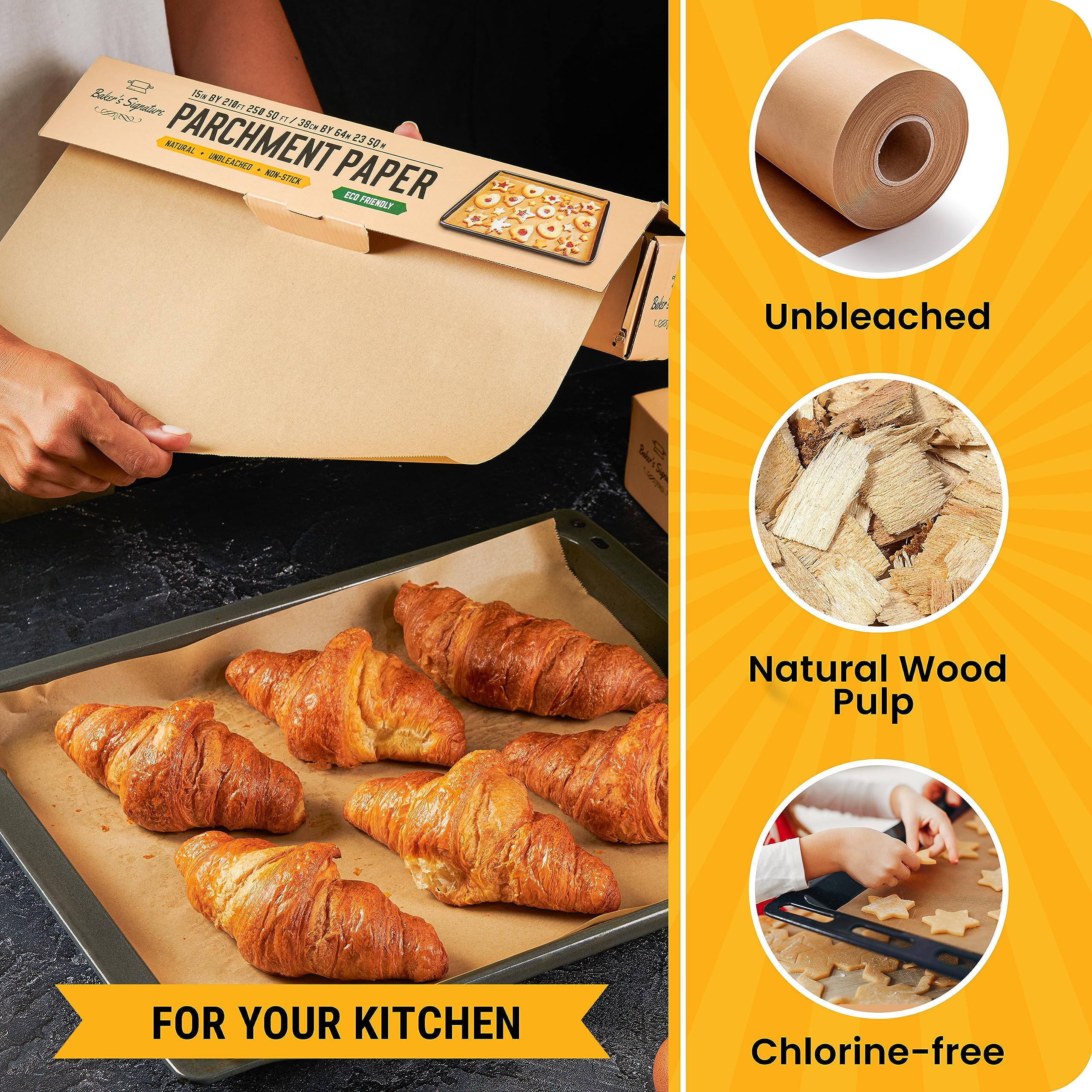 Baker’s Signature easy-clean parchment roll minimizes soak time and scrubbing.