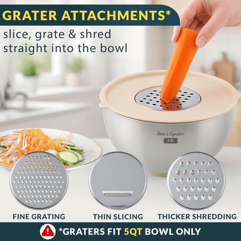 Baker's Signature three graters attachment for slicing, shredding, and grating.