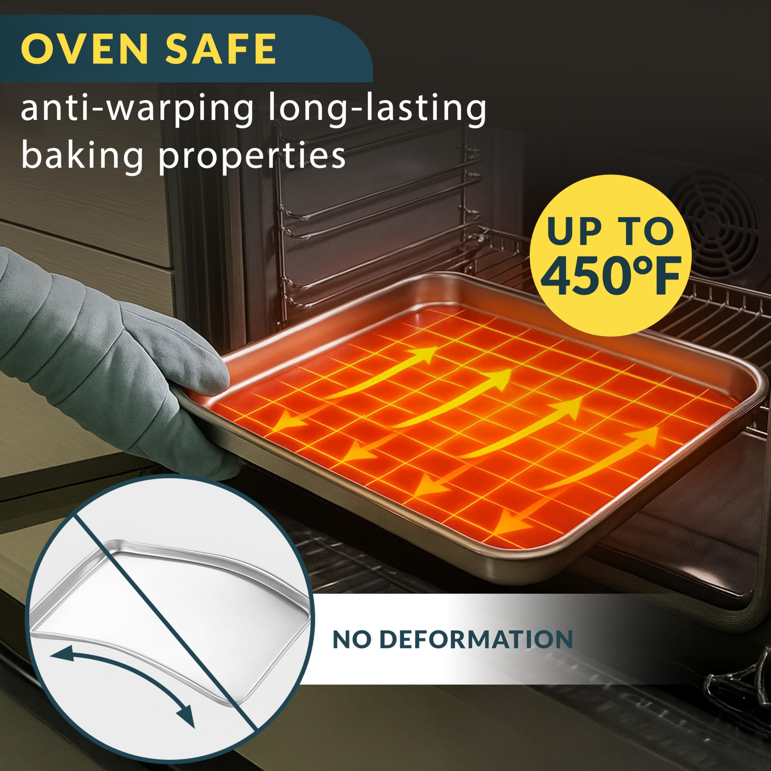 Baker's Signature non-stick surface cookie sheet promotes easy food release and quick cleanup.