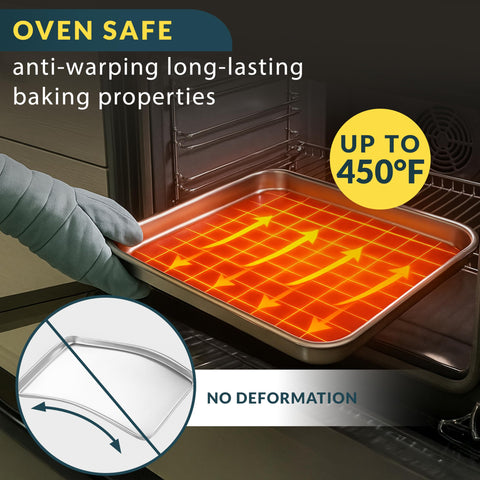 Baker's Signature non-stick surface cookie sheet promotes easy food release and quick cleanup.