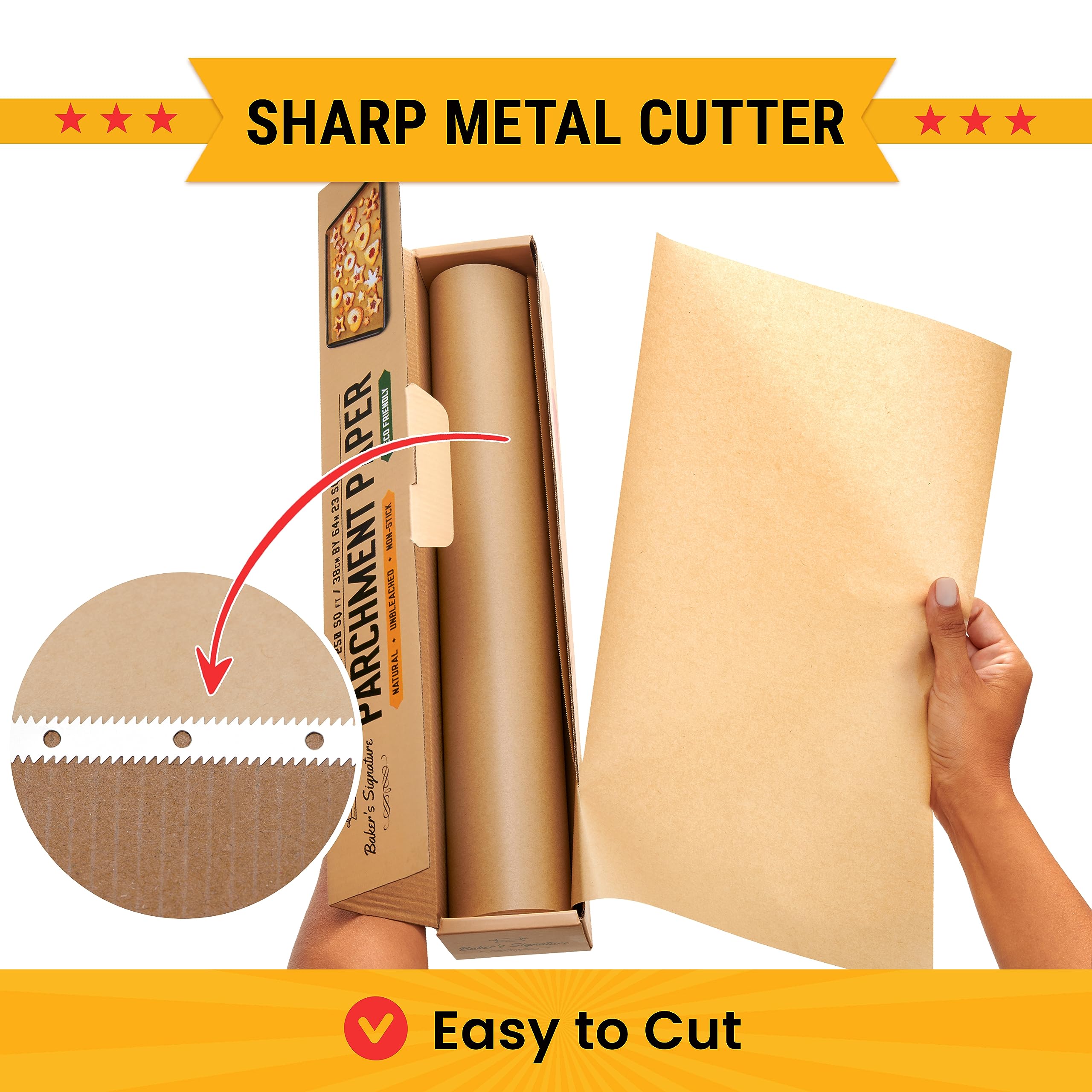 Baker’s Signature parchment roll includes a sturdy cutter for precise sheets.