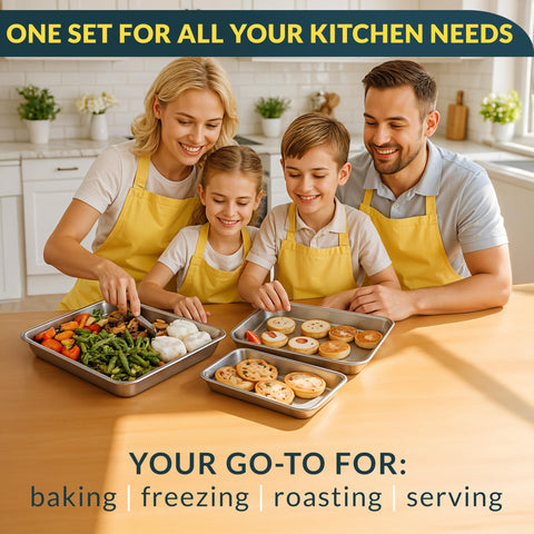Baker's Signature rust-resistant oven-safe pans endure regular roasting up to 450°F.