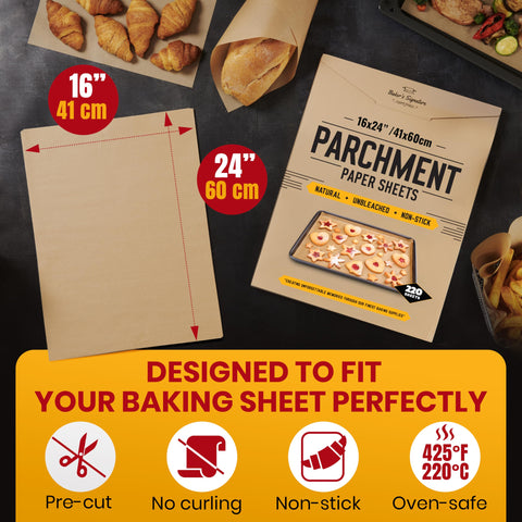 Baker's Signature silicone-coated paper withstands high heat for versatile oven use.