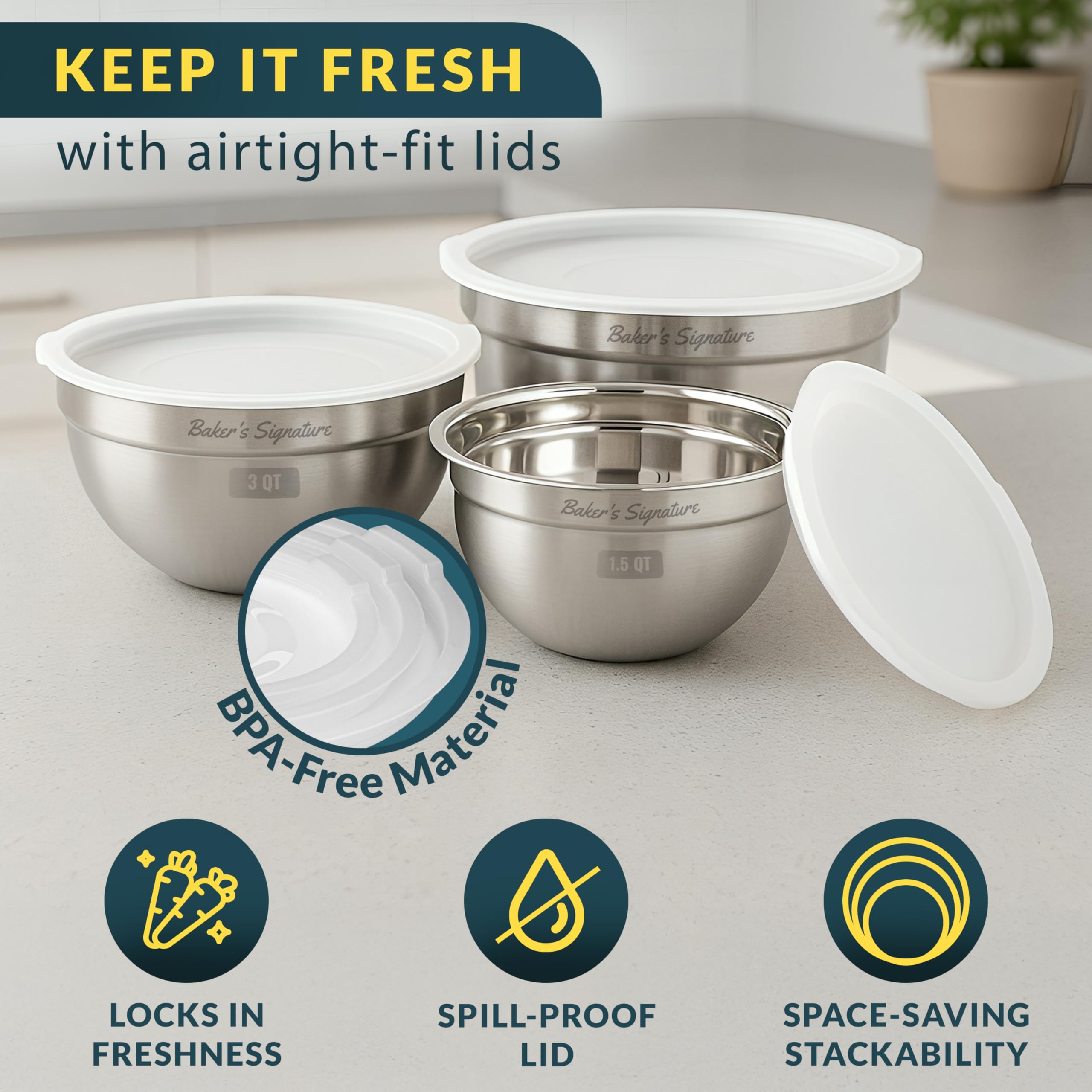 Baker's Signature nesting bowls saving space in the kitchen.