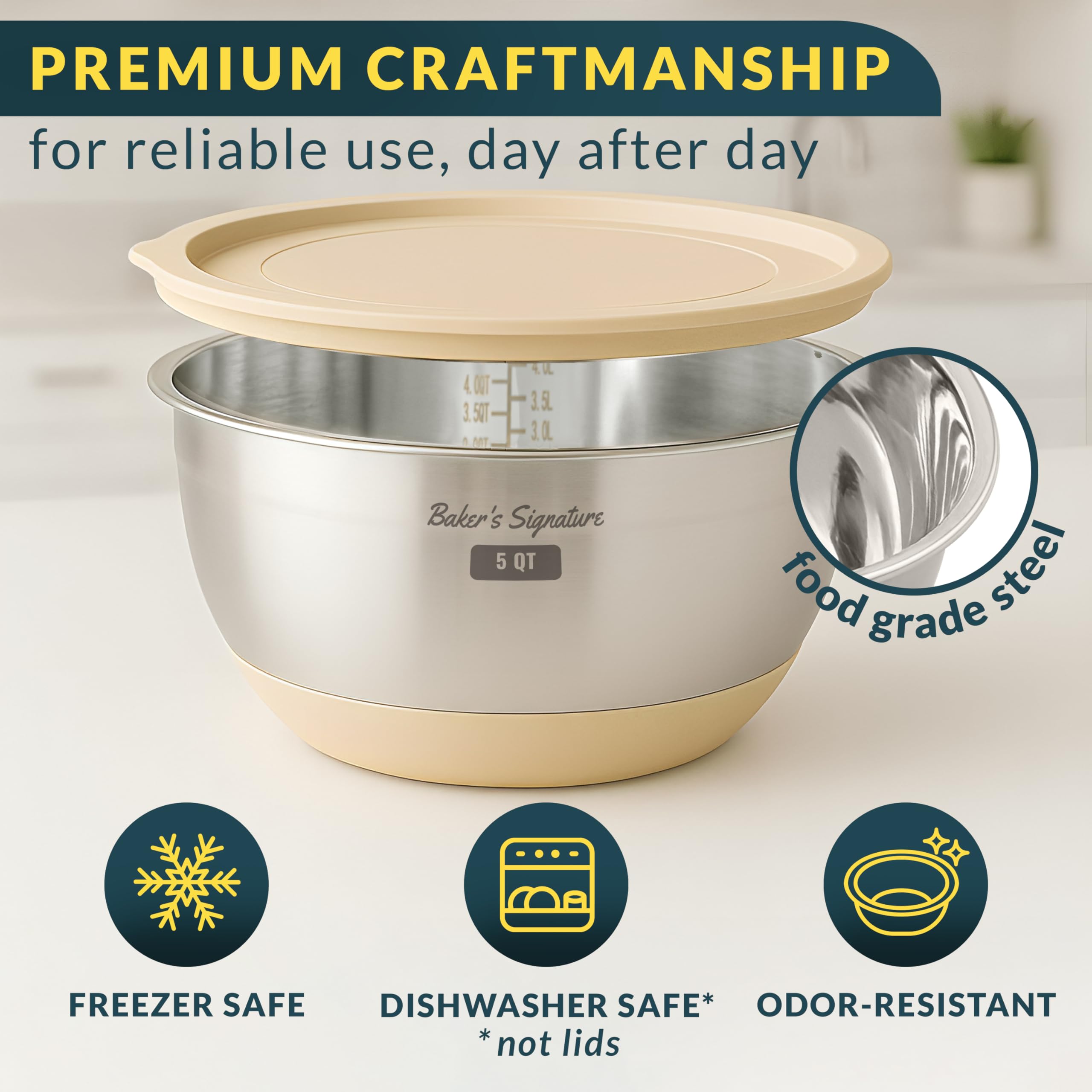 Baker's Signature 3qt stainless steel bowl with lid, versatile for batter and meal prep.