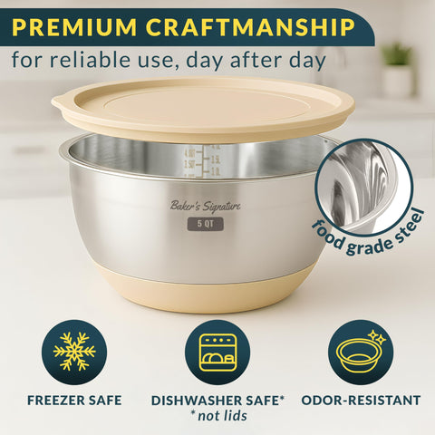 Baker's Signature 3qt stainless steel bowl with lid, versatile for batter and meal prep.