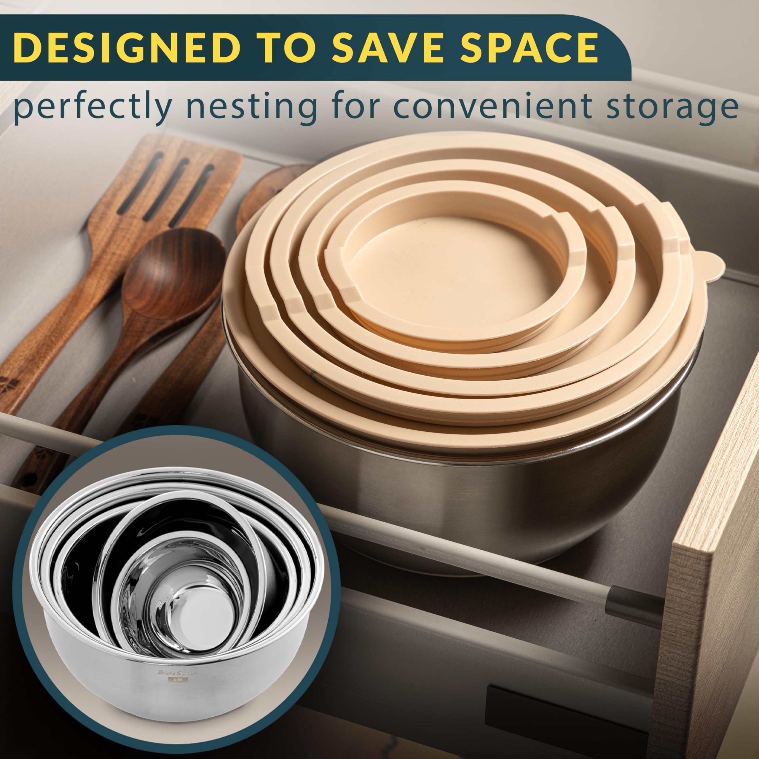 Baker's Signature 5qt stainless steel bowl with lid, ideal for large batches.