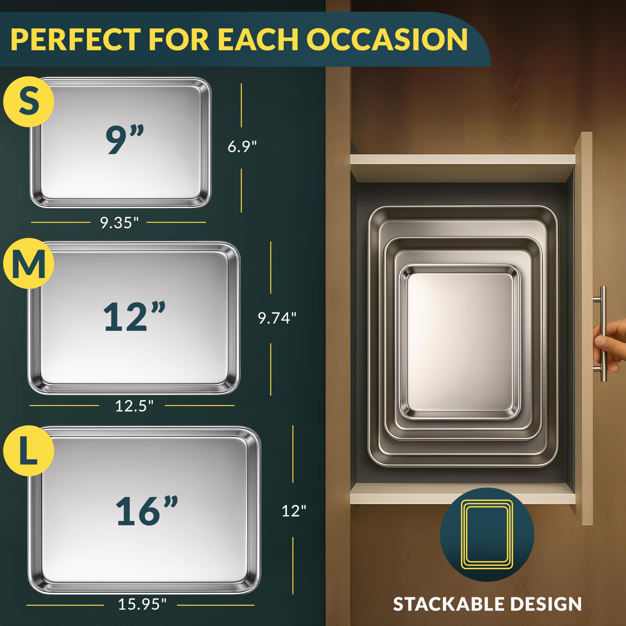 Baker's Signature 12-inch stainless steel sheet for uniform browning and easy cleanup.