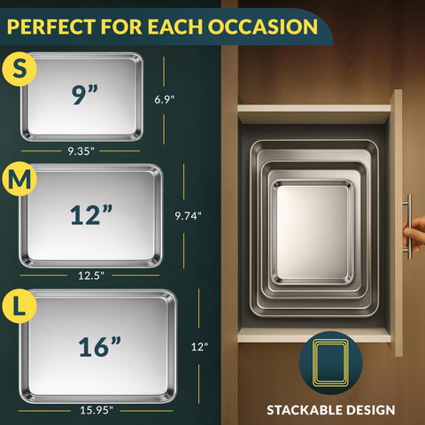 Baker's Signature 12-inch stainless steel sheet for uniform browning and easy cleanup.