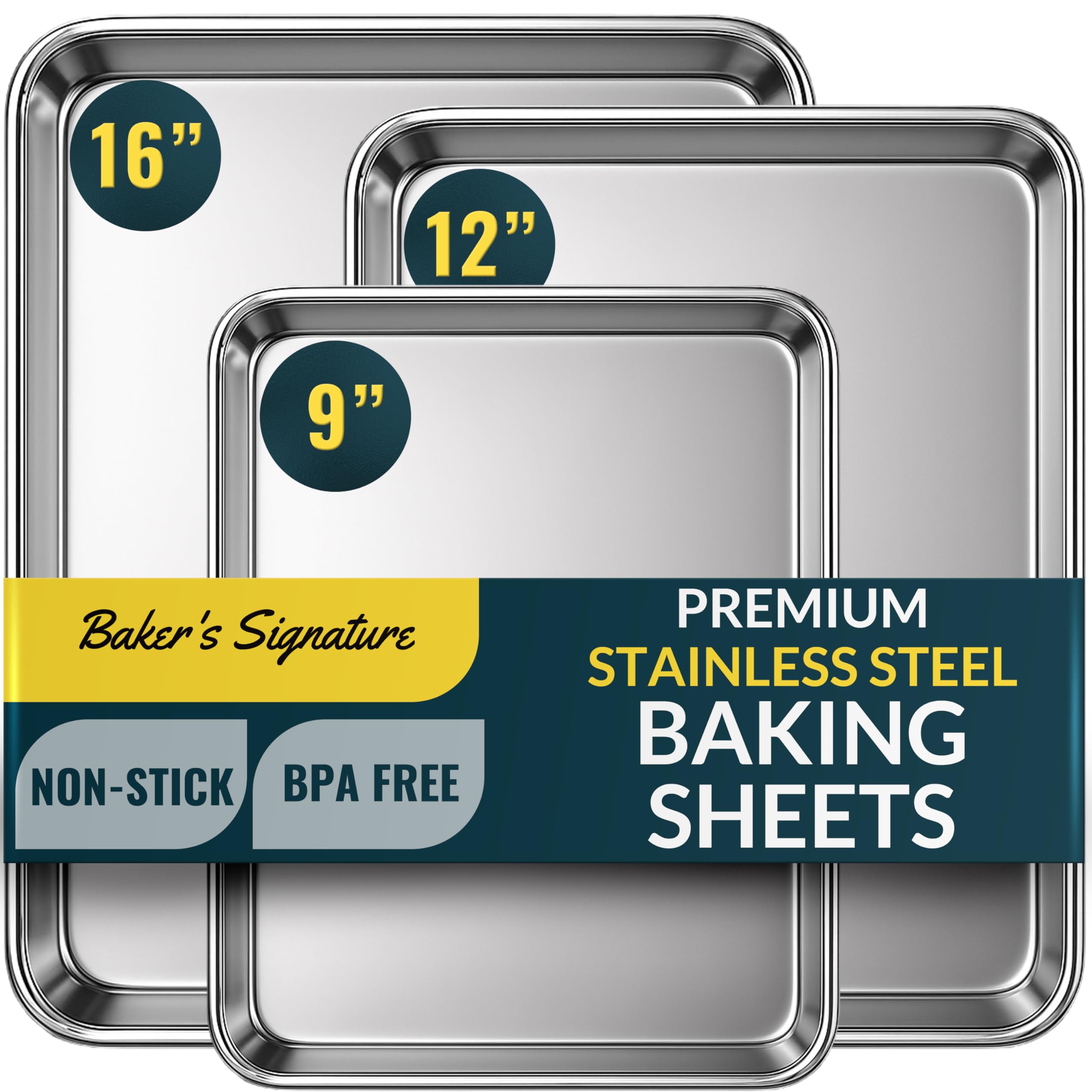 Baker's Signature stainless steel cookie sheet 9-inch for even baking and versatile kitchen prep.
