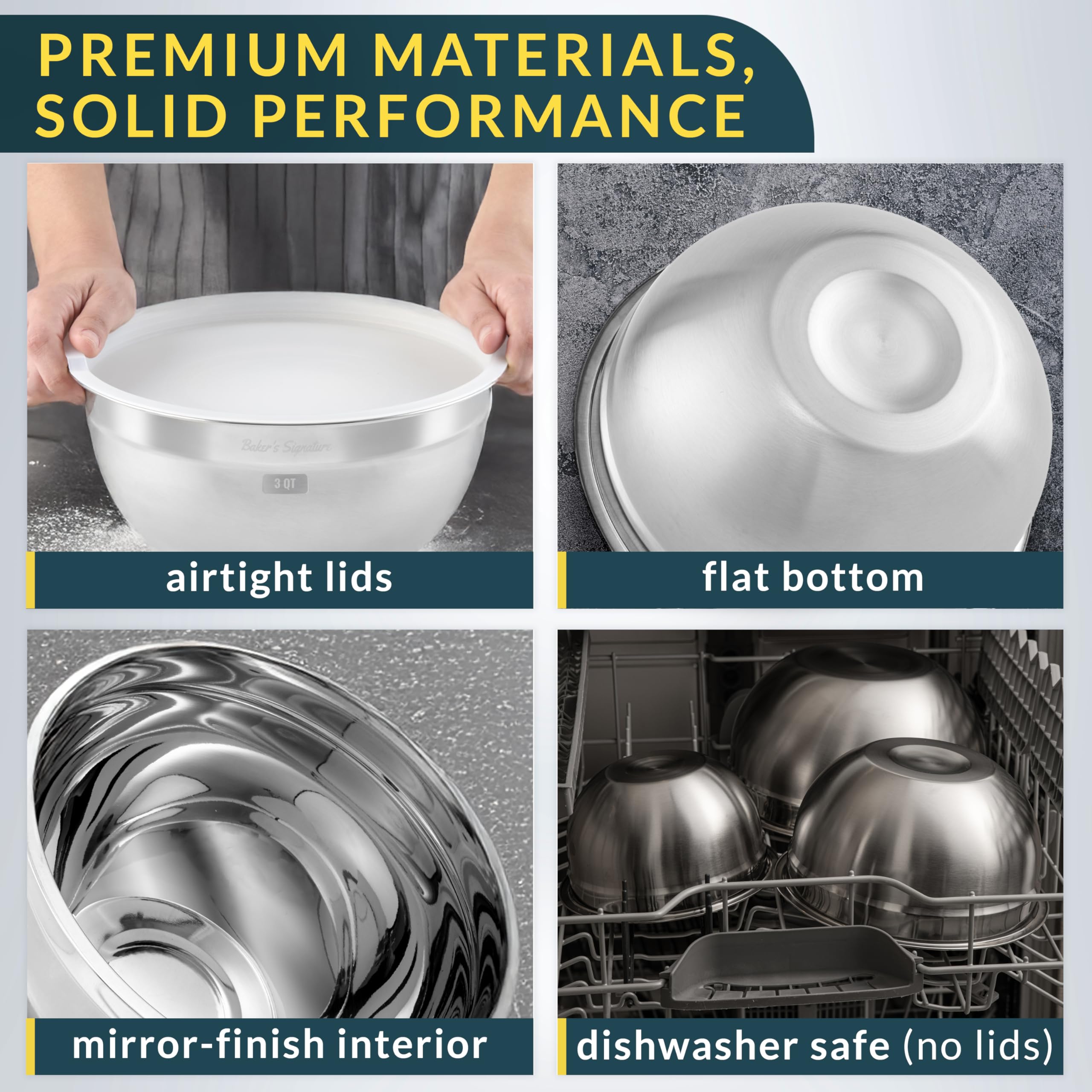 Close-up of dishwasher-safe bowls with lids by Baker's Signature