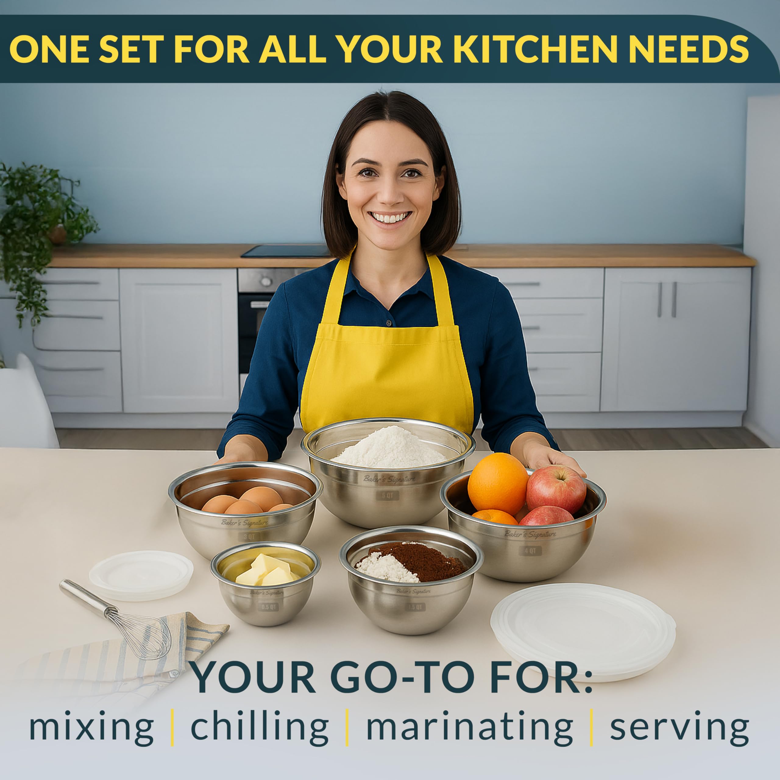 Baker's Signature bowls with flat bases for stable mixing