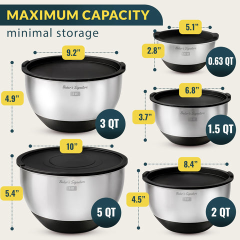 Baker's Signature lidded bowls with non-slip base provide stable mixing