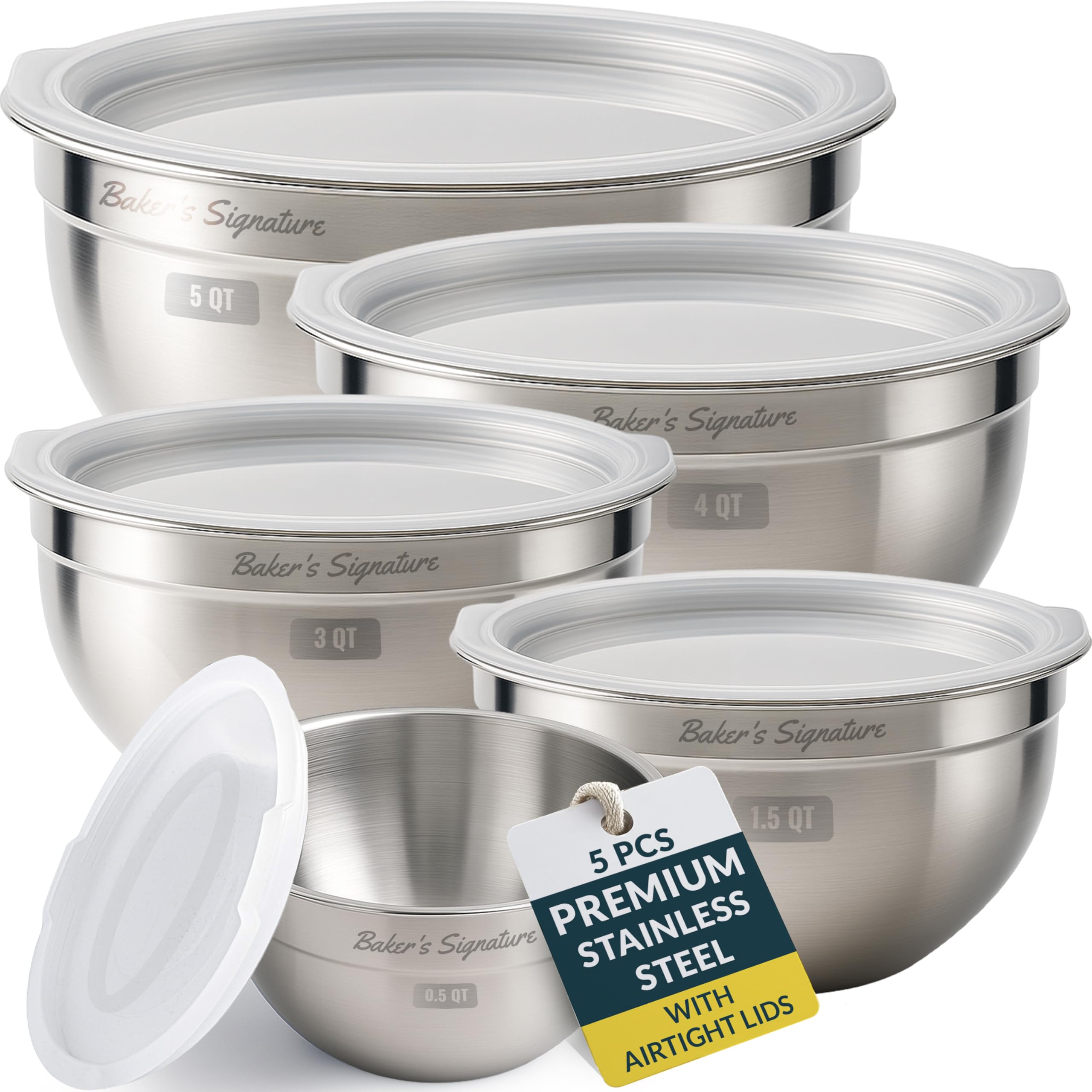 Baker's Signature five-piece stainless steel bowls set displayed on counter for versatile prep