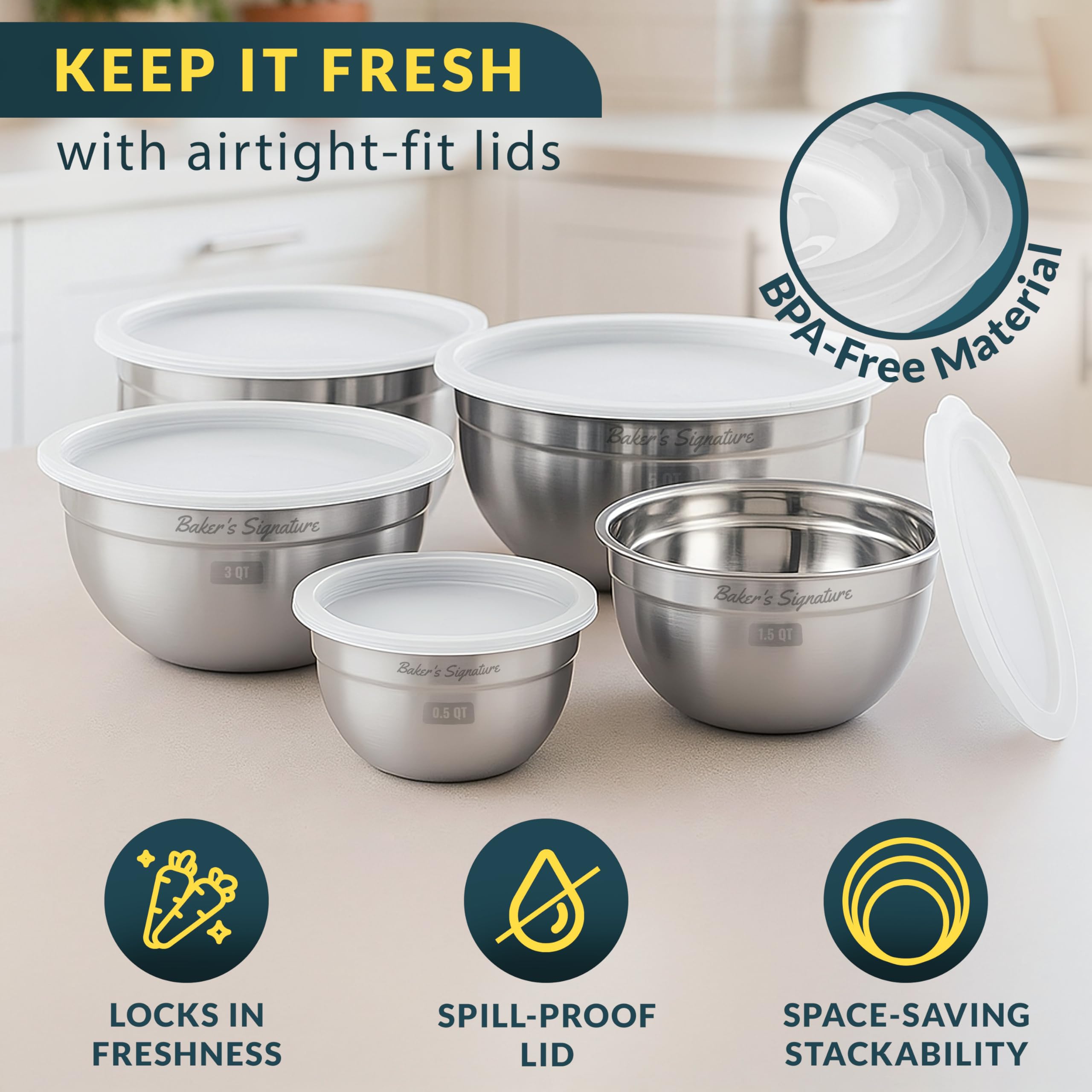 Baker's Signature bowls with lids demonstrating storage capability