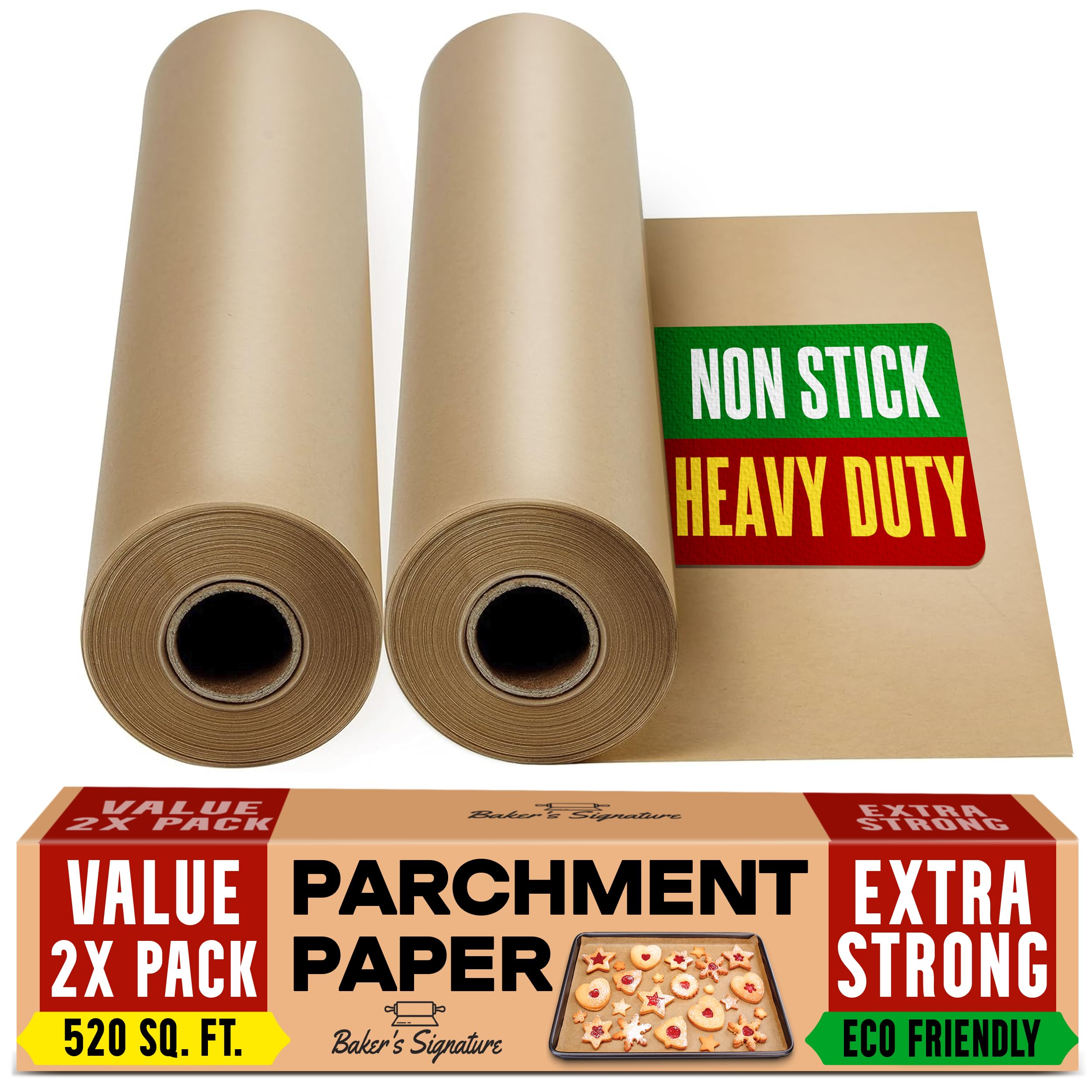 Baker’s Signature parchment roll with cutter, non-stick surface for easy release.