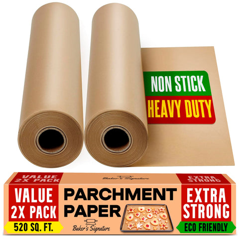 Baker’s Signature parchment roll with cutter, non-stick surface for easy release.