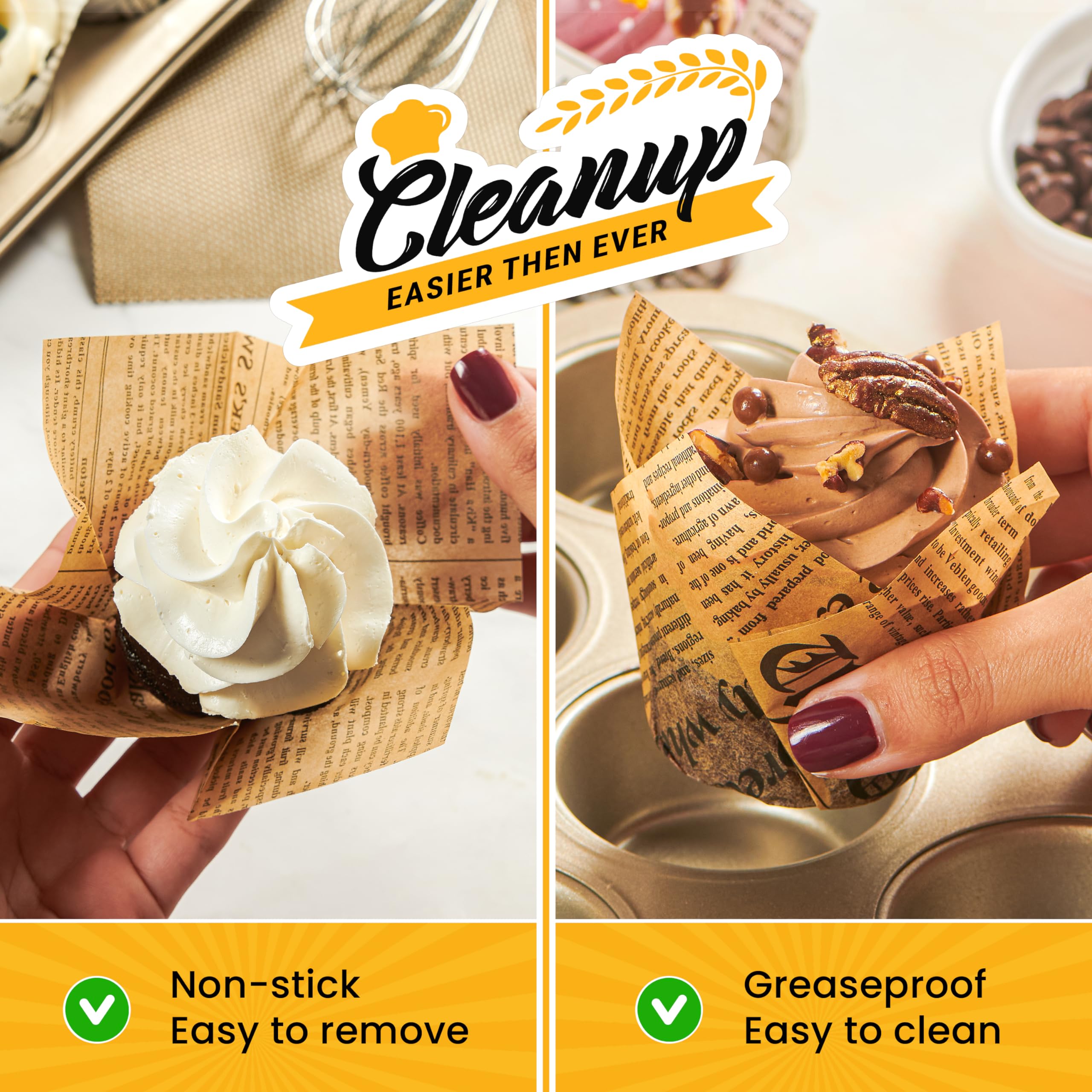 Baker's Signature waterproof muffin liners prevent seepage for tidy, confident baking.