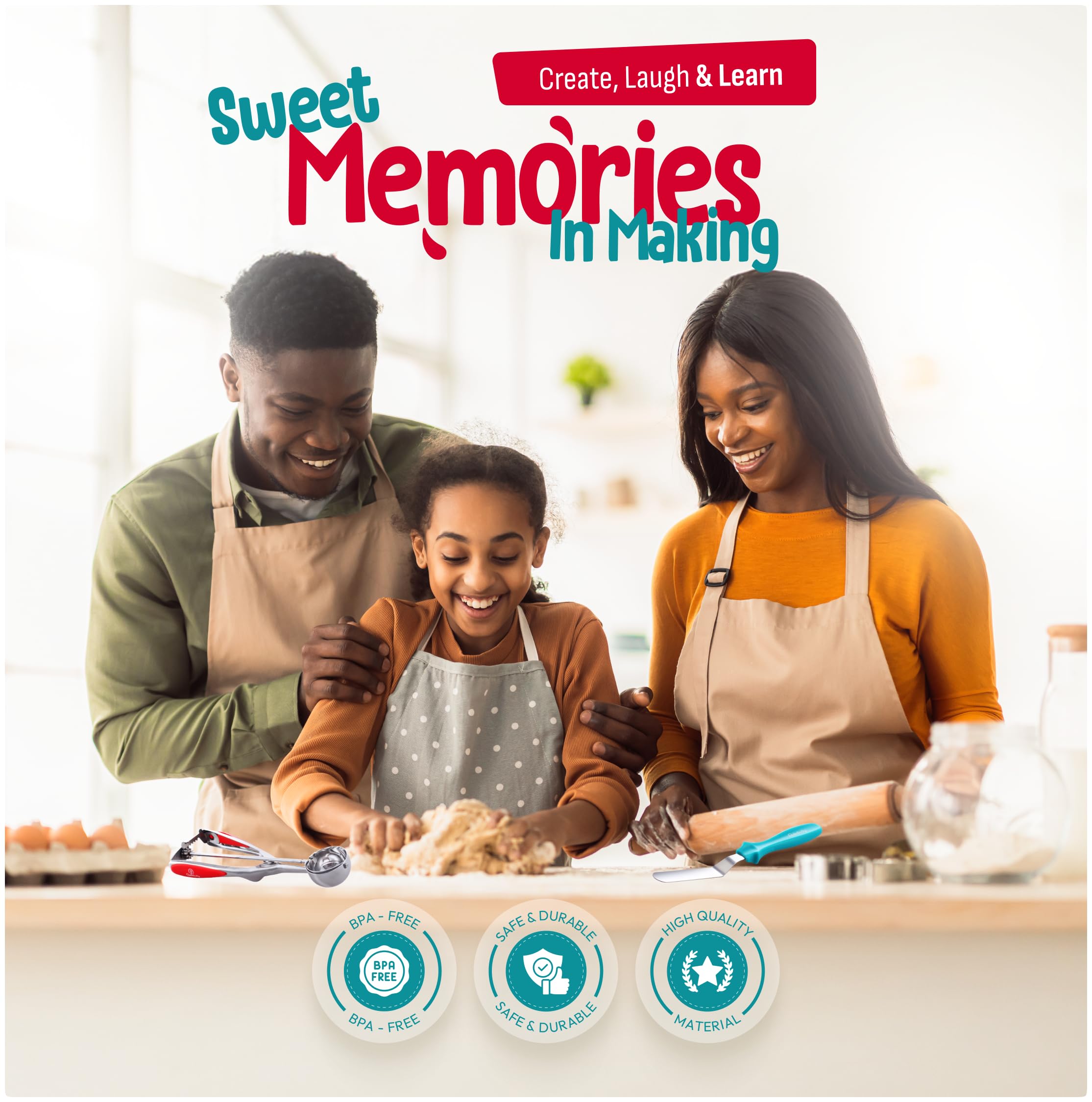 Baketivity 31-piece set durable utensils designed for long-lasting family baking sessions.