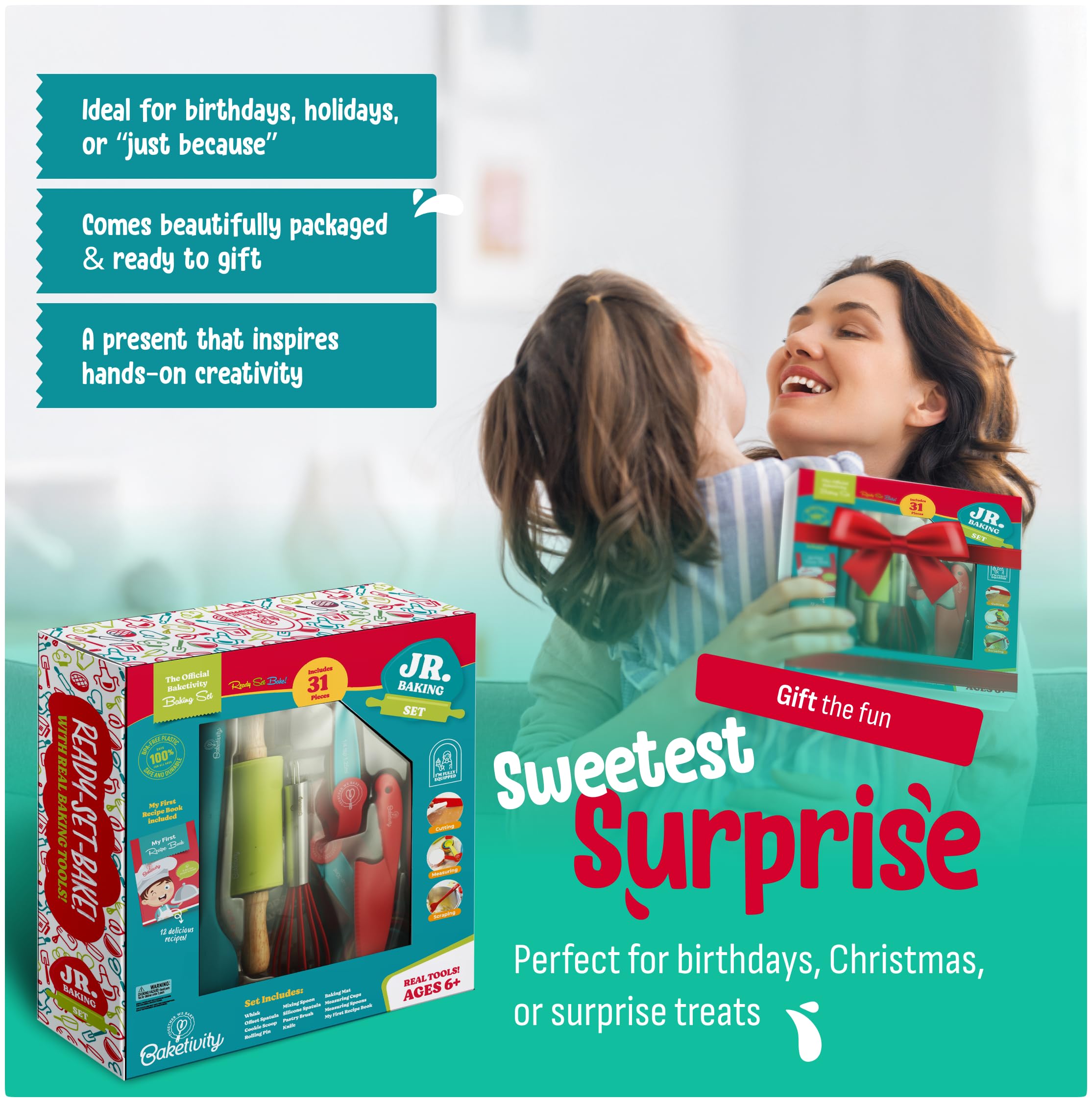 Baketivity 31-piece set measuring cups for accurate measurements in kid-friendly recipes.