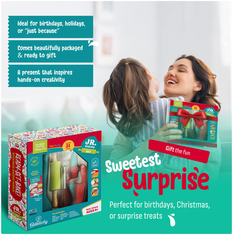 Baketivity 31-piece set measuring cups for accurate measurements in kid-friendly recipes.