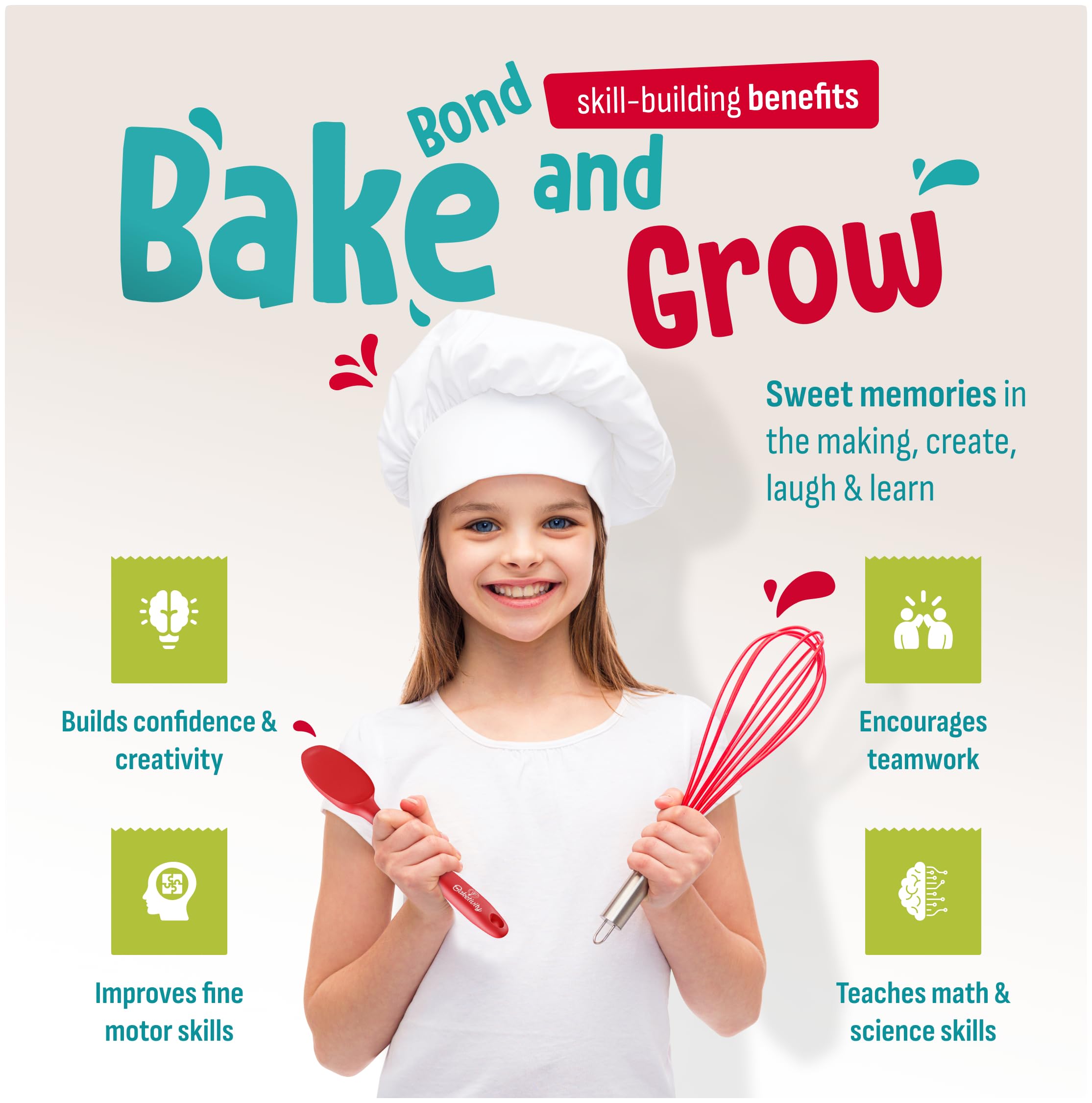 Baketivity 31-piece set spatula set with safe, easy-grip utensils for young bakers.